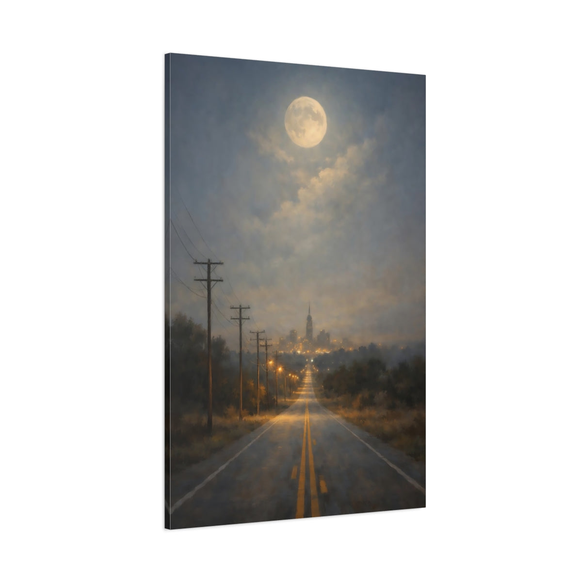 Main Mockup. Nature Moonlit Road Blue And Gold Nightscape shown as stretched canvas wall art