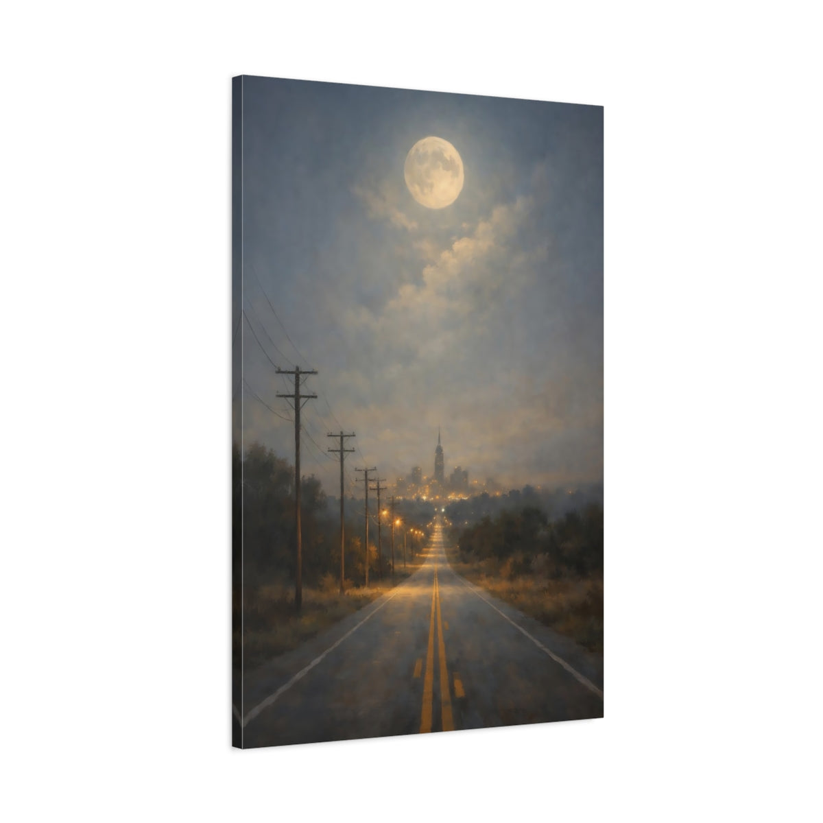 Side Mockup 1. Nature Moonlit Road Blue And Gold Nightscape shown as stretched canvas wall art