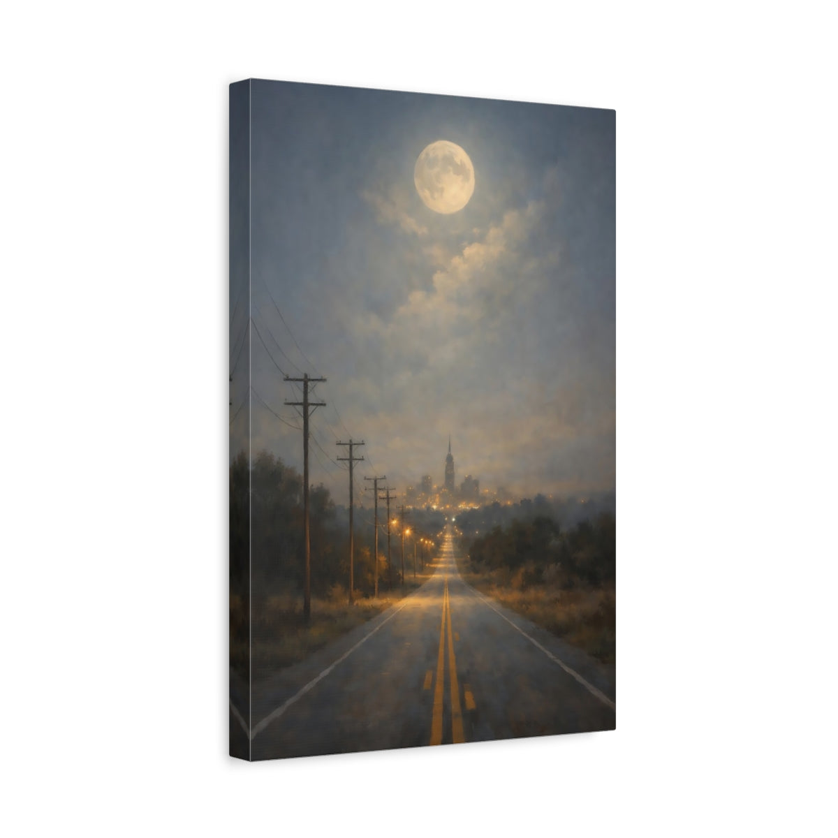 Side Mockup 4. Nature Moonlit Road Blue And Gold Nightscape shown as stretched canvas wall art