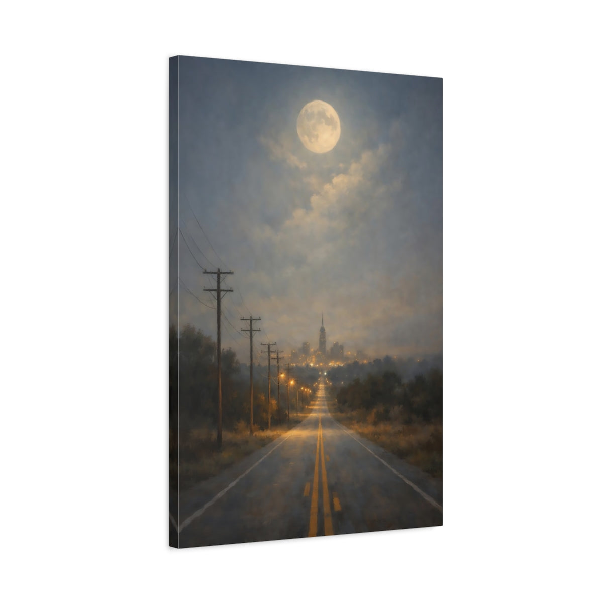 Side Mockup 2. Nature Moonlit Road Blue And Gold Nightscape shown as stretched canvas wall art