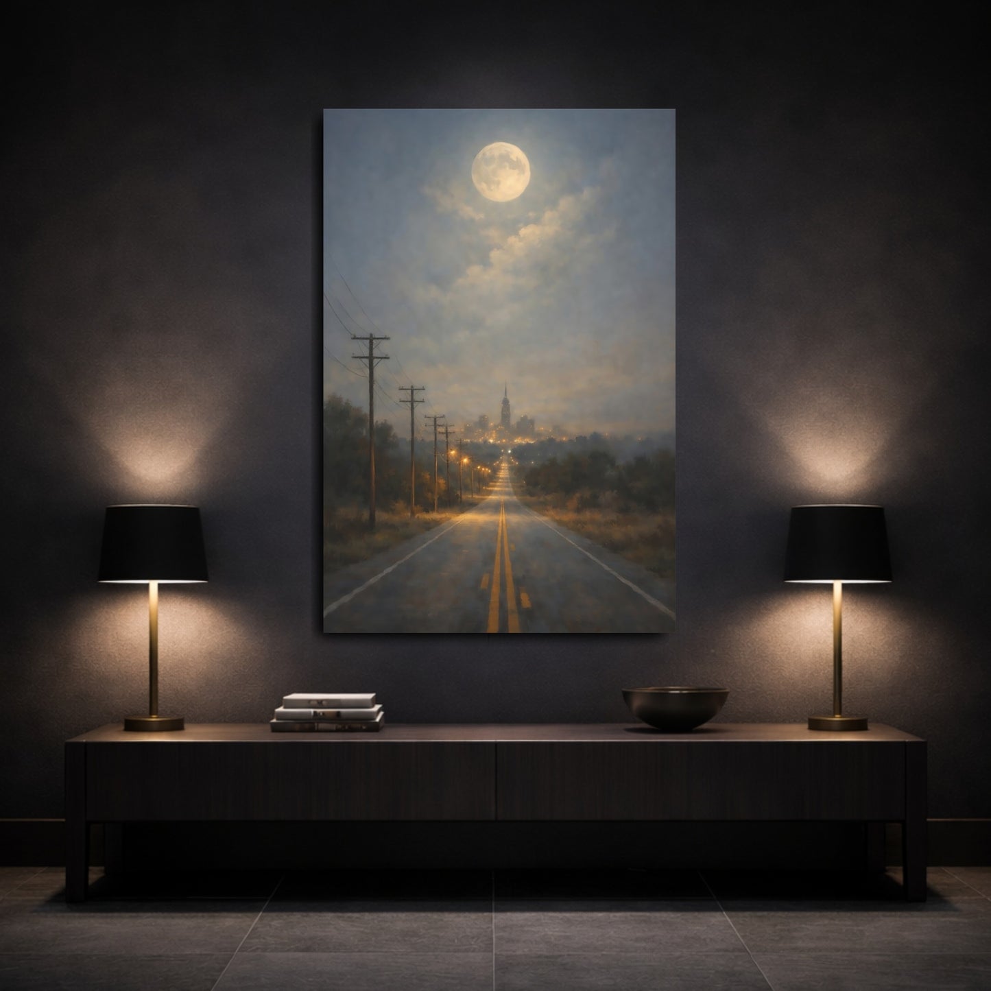 Mockup 2. Nature Moonlit Road Blue And Gold Nightscape shown as stretched canvas wall art