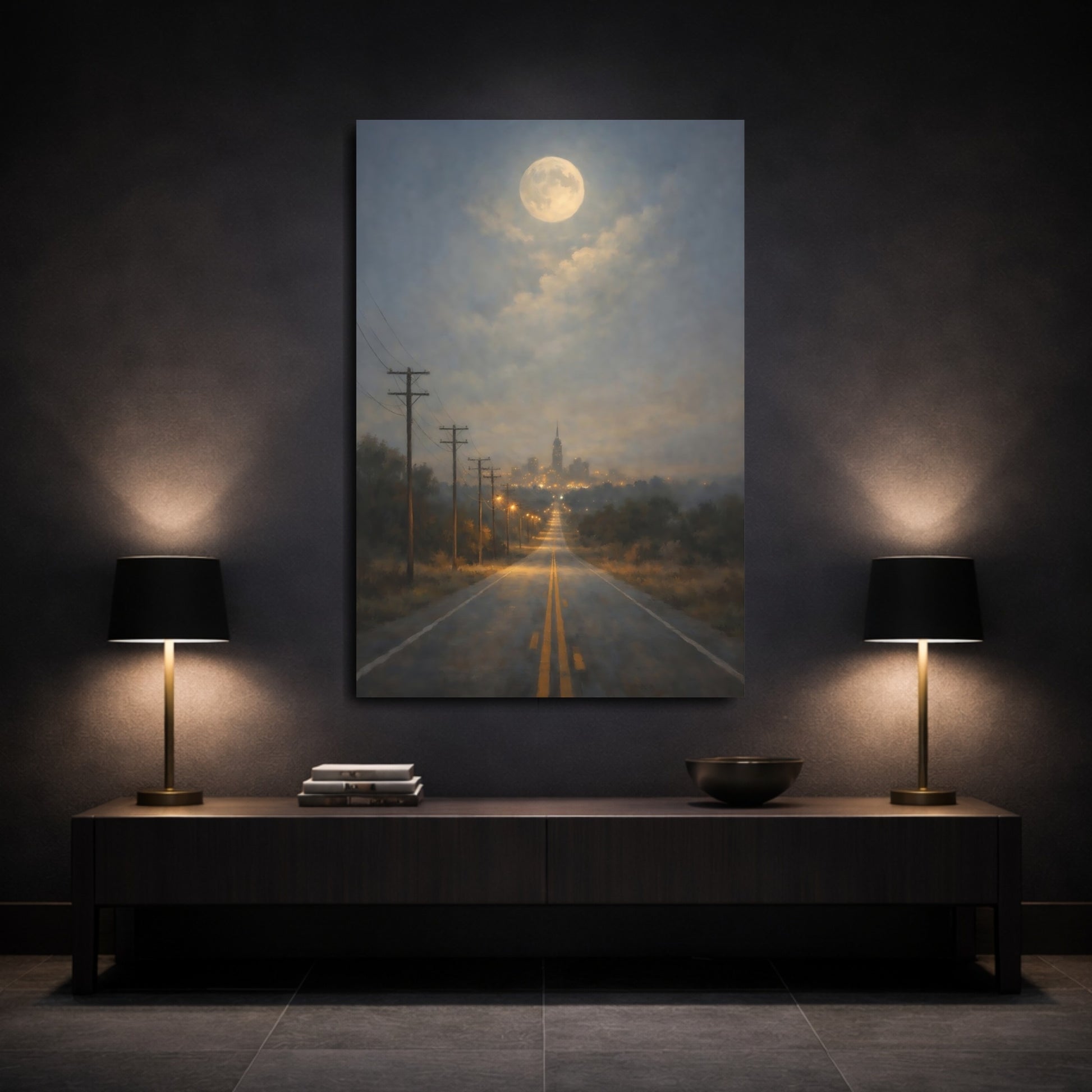 Mockup 2. Nature Moonlit Road Blue And Gold Nightscape shown as stretched canvas wall art