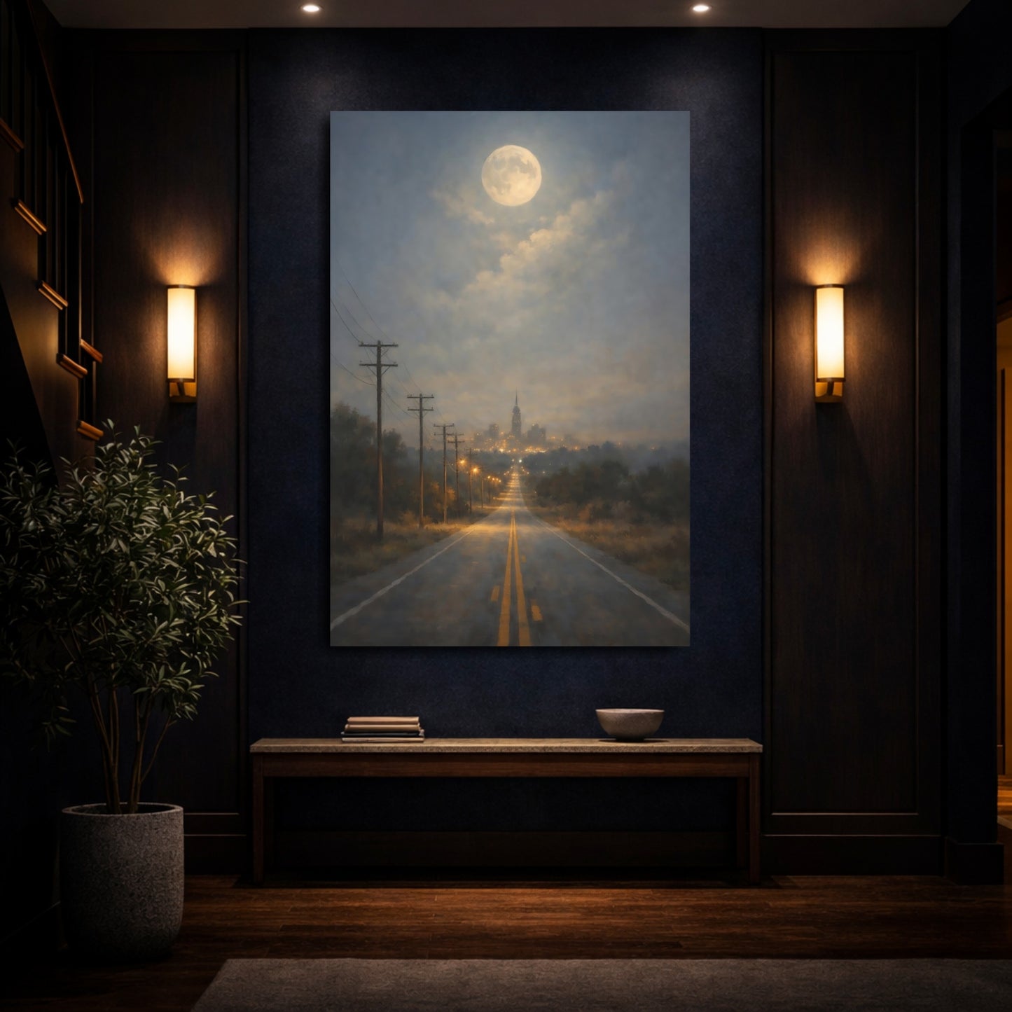 Mockup 3. Nature Moonlit Road Blue And Gold Nightscape shown as stretched canvas wall art