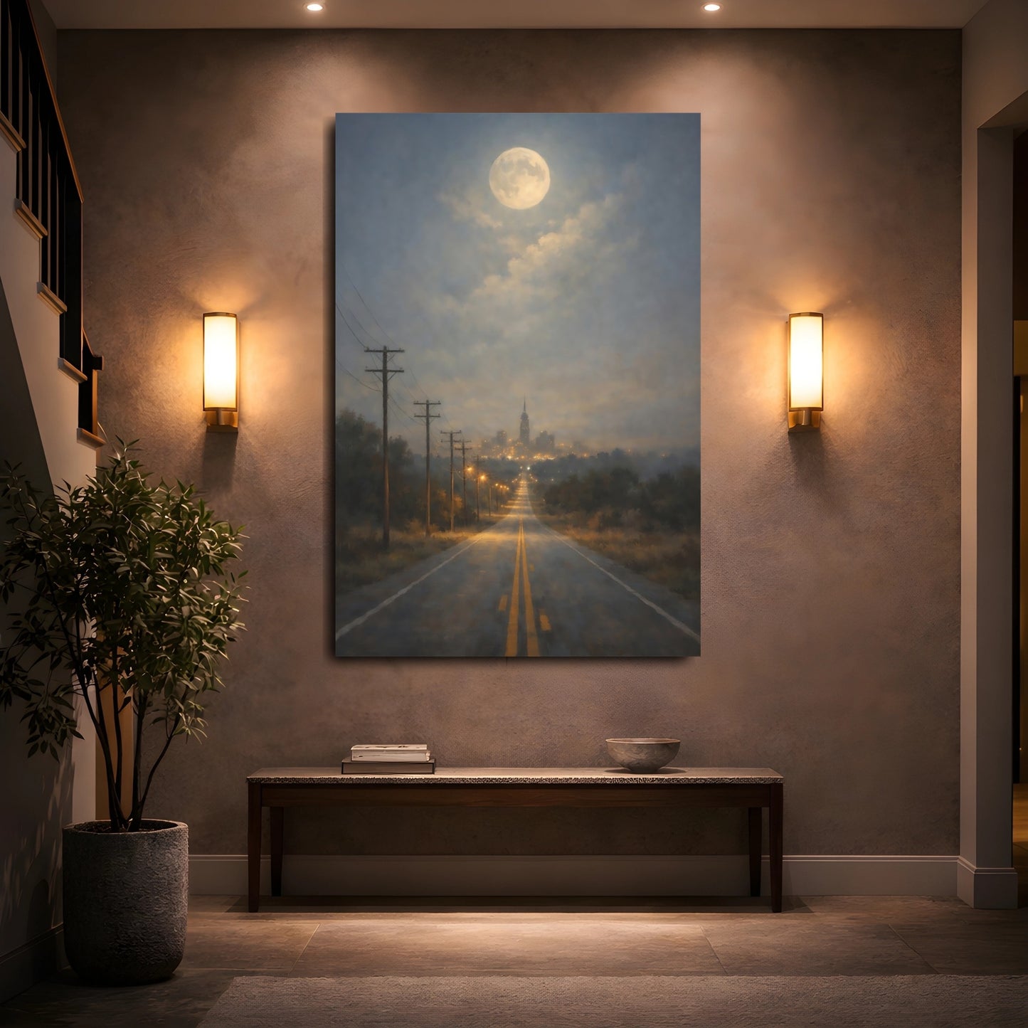 Mockup 4. Nature Moonlit Road Blue And Gold Nightscape shown as stretched canvas wall art