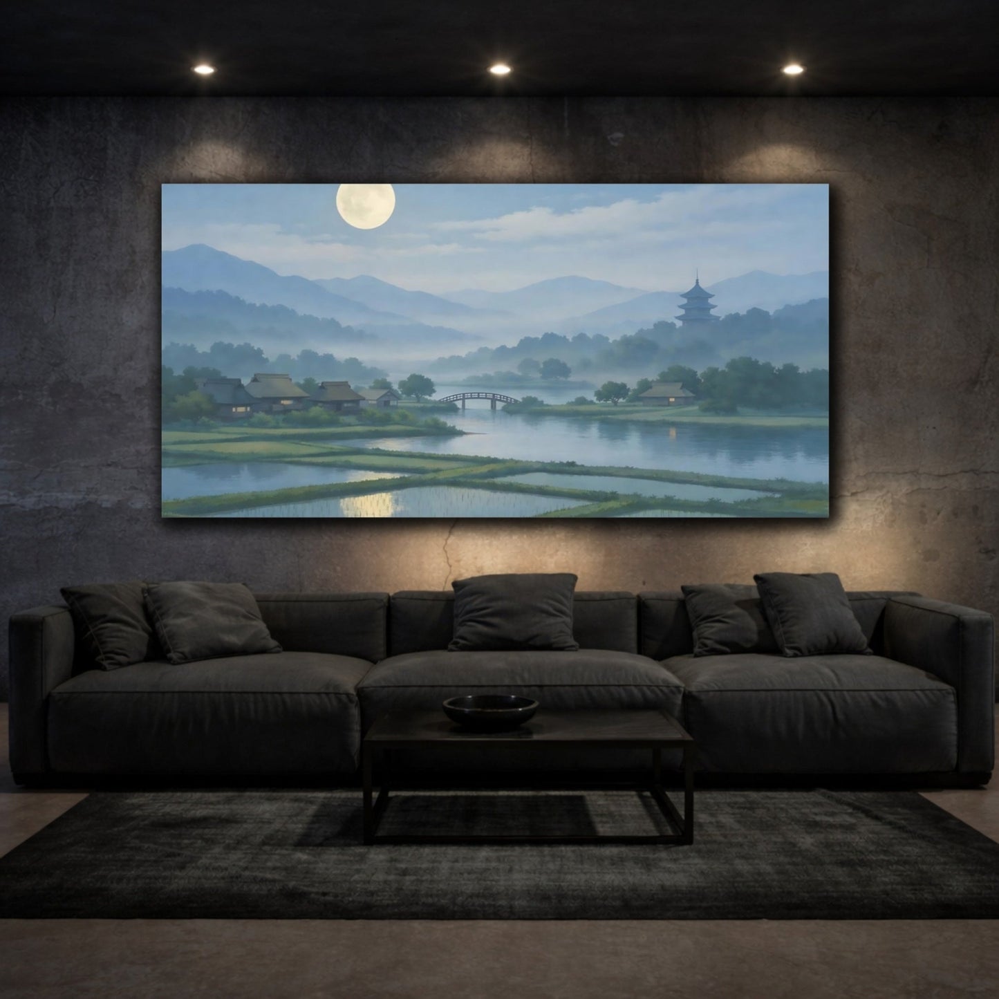 Nature Moonlit Village Landscape - Canvas Wall Art Print - YesArtYes
