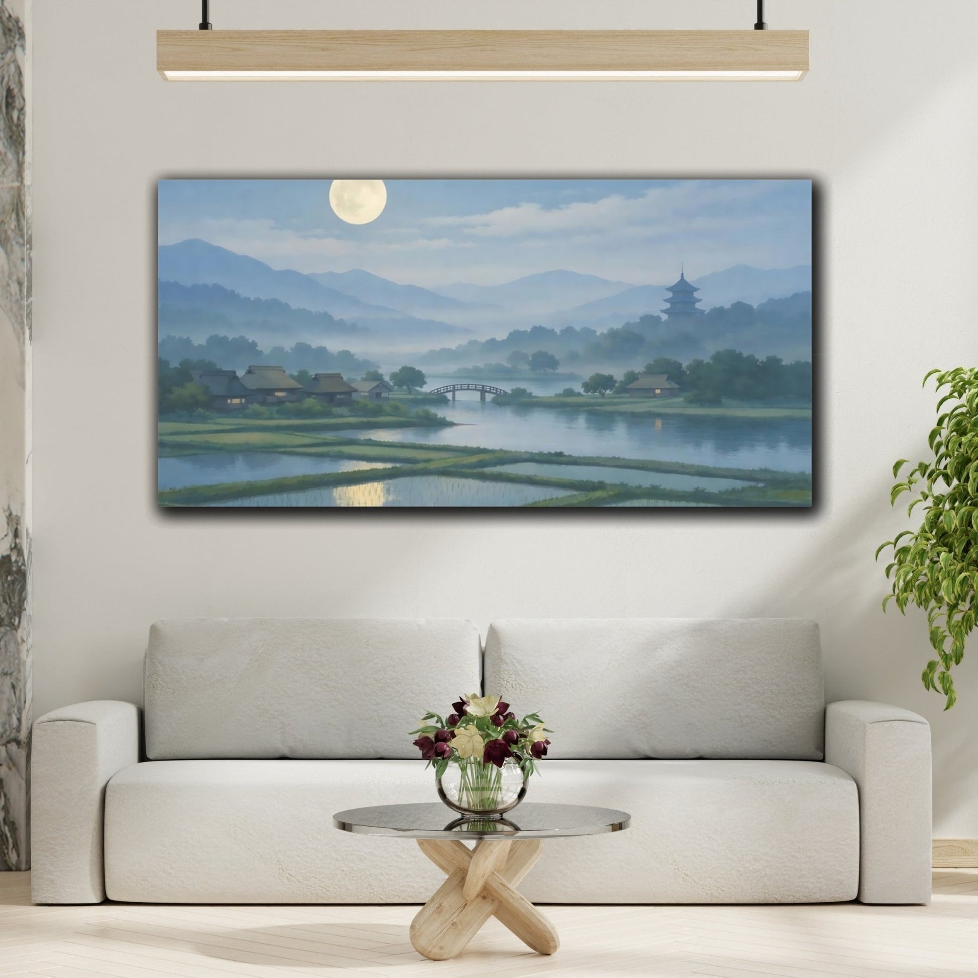 Nature Moonlit Village Landscape - Canvas Wall Art Print - YesArtYes