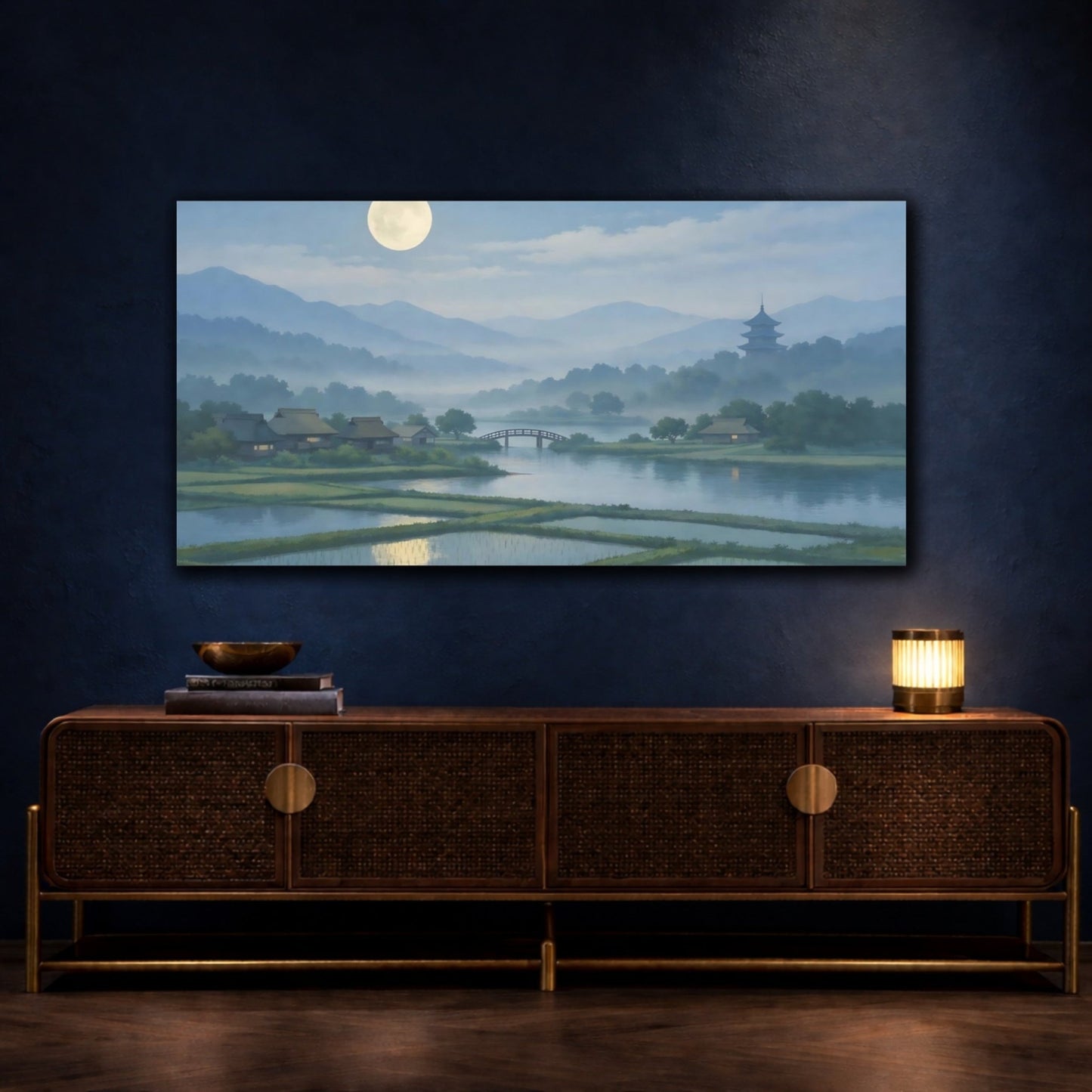 Nature Moonlit Village Landscape - Canvas Wall Art Print - YesArtYes