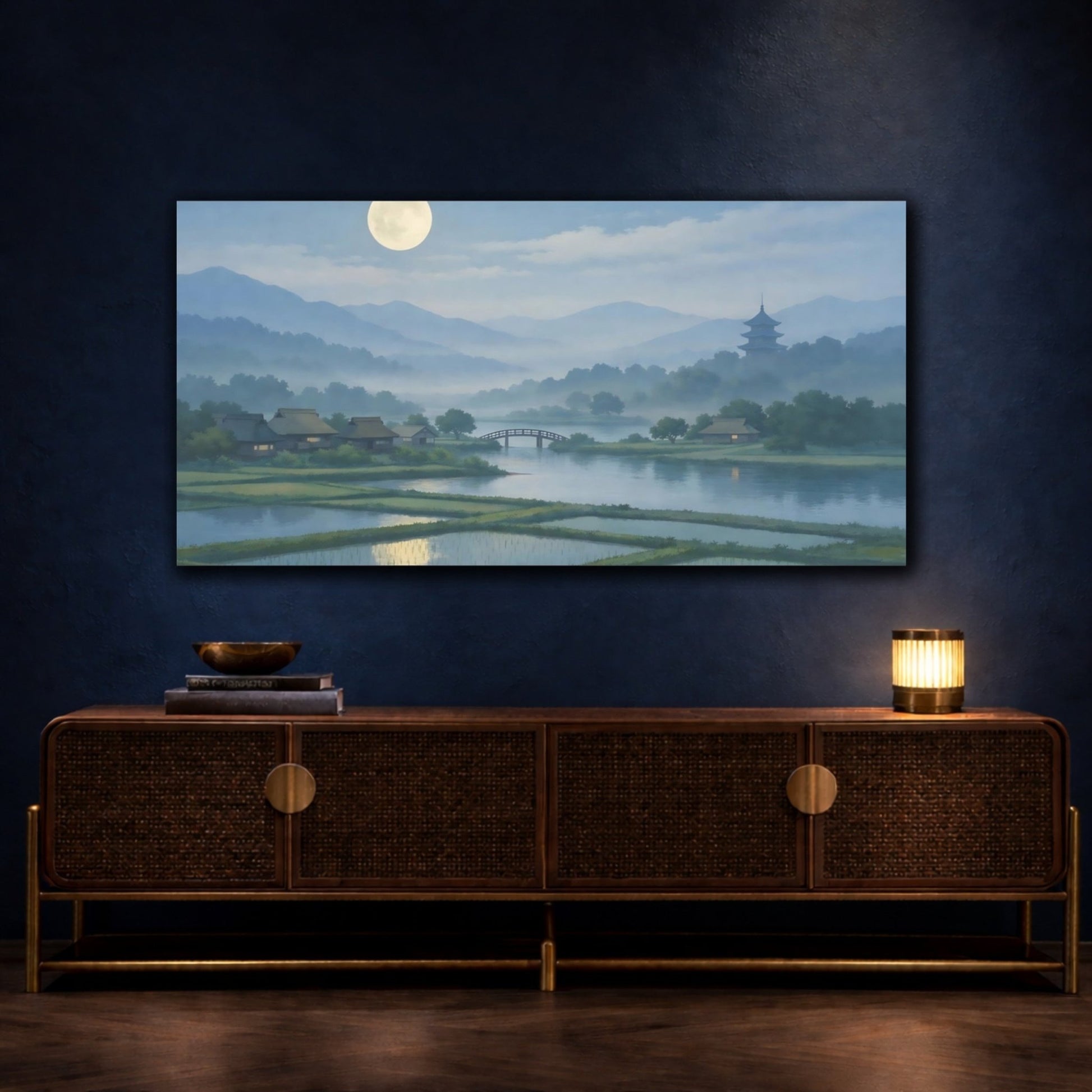 Nature Moonlit Village Landscape - Canvas Wall Art Print - YesArtYes