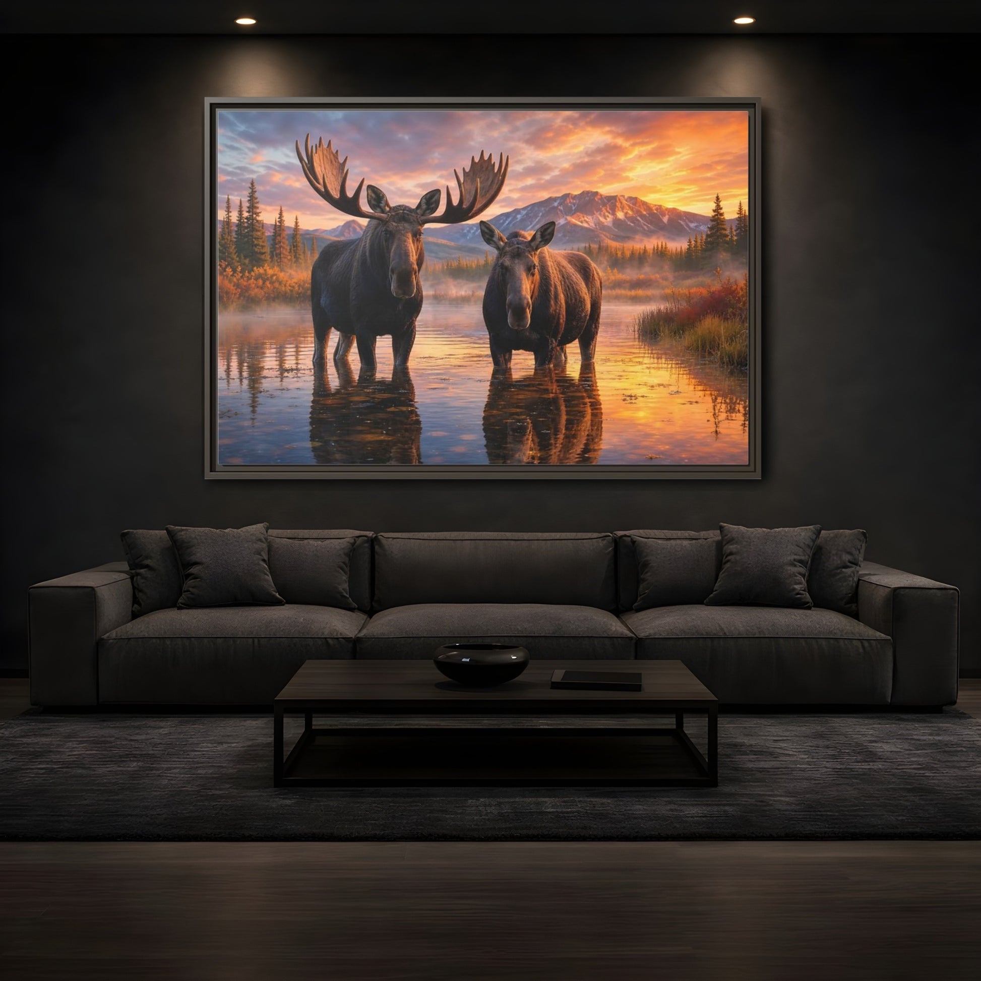 Mockup 3. Nature Moose Pair Moose Sunset shown as stretched canvas wall art