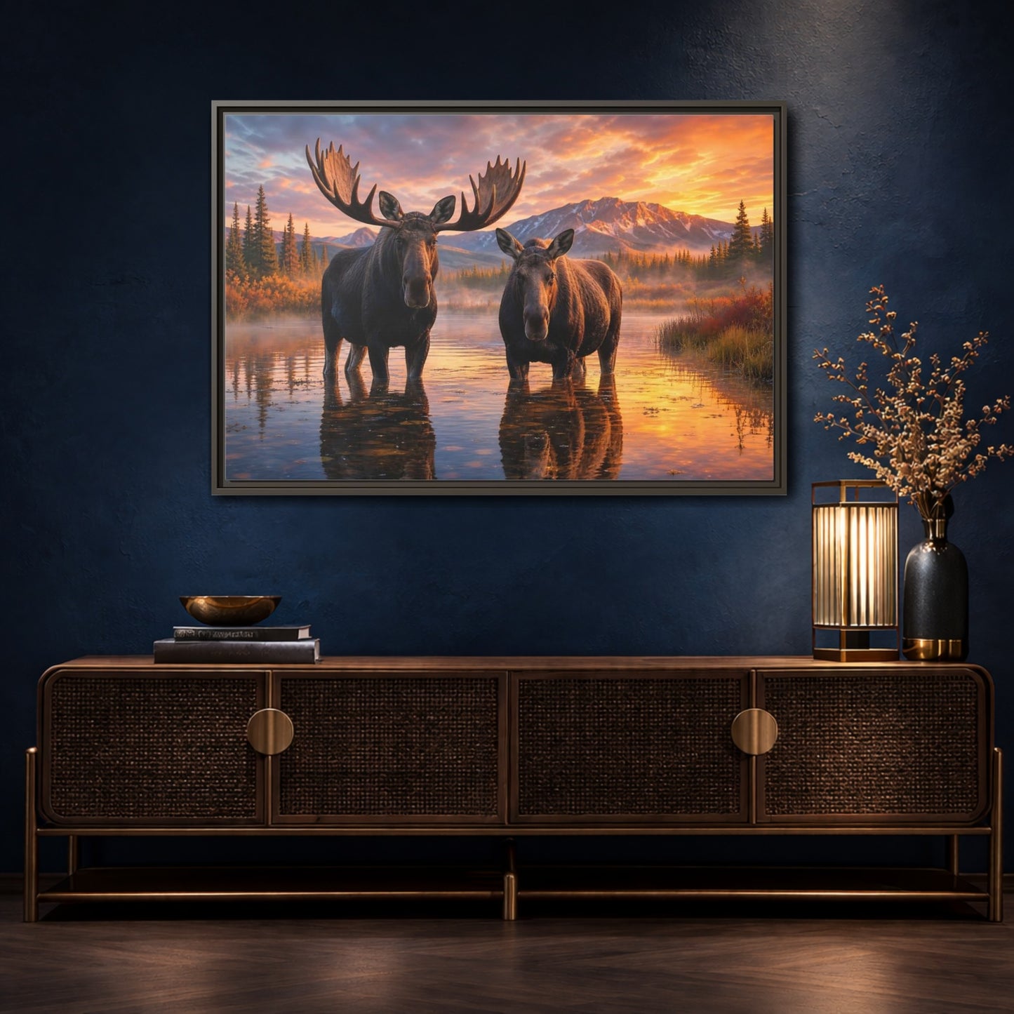 Mockup 4. Nature Moose Pair Moose Sunset shown as stretched canvas wall art