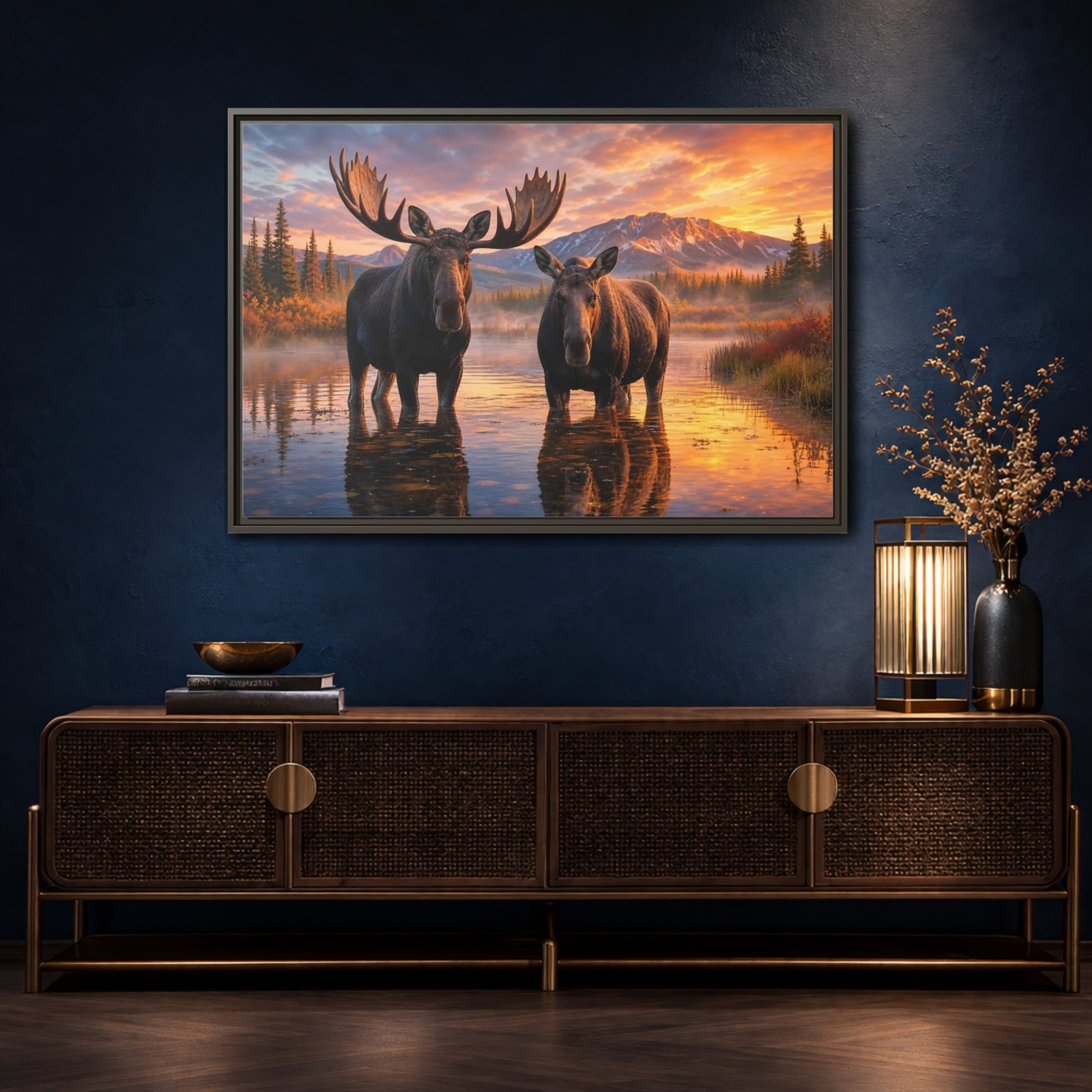 Mockup 4. Nature Moose Pair Moose Sunset shown as stretched canvas wall art