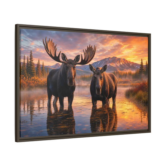 Nature Moose Pair Sunset Framed Canvas Print – Living Room, Large Wall - YesArtYes