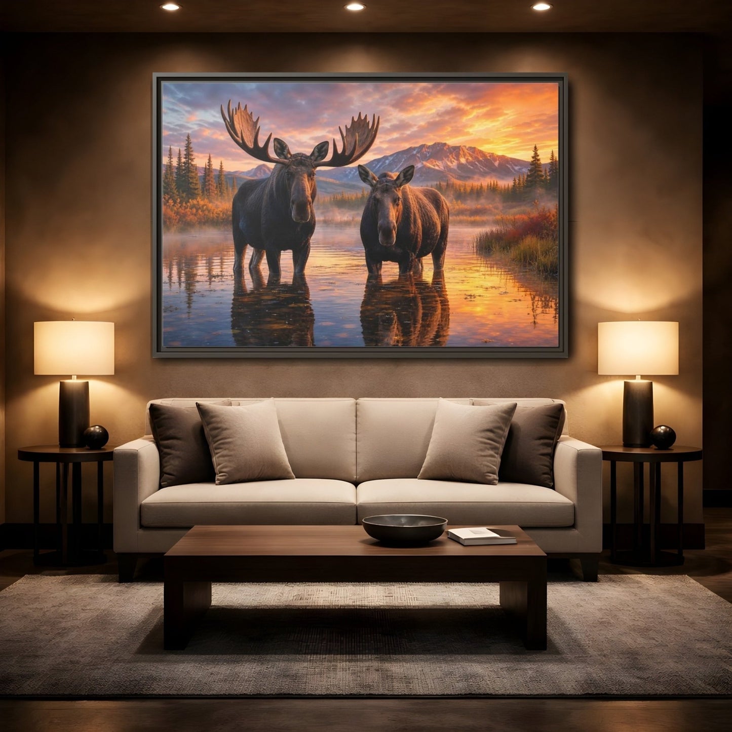 Nature Moose Pair Sunset Framed Canvas Print – Living Room, Large Wall - YesArtYes