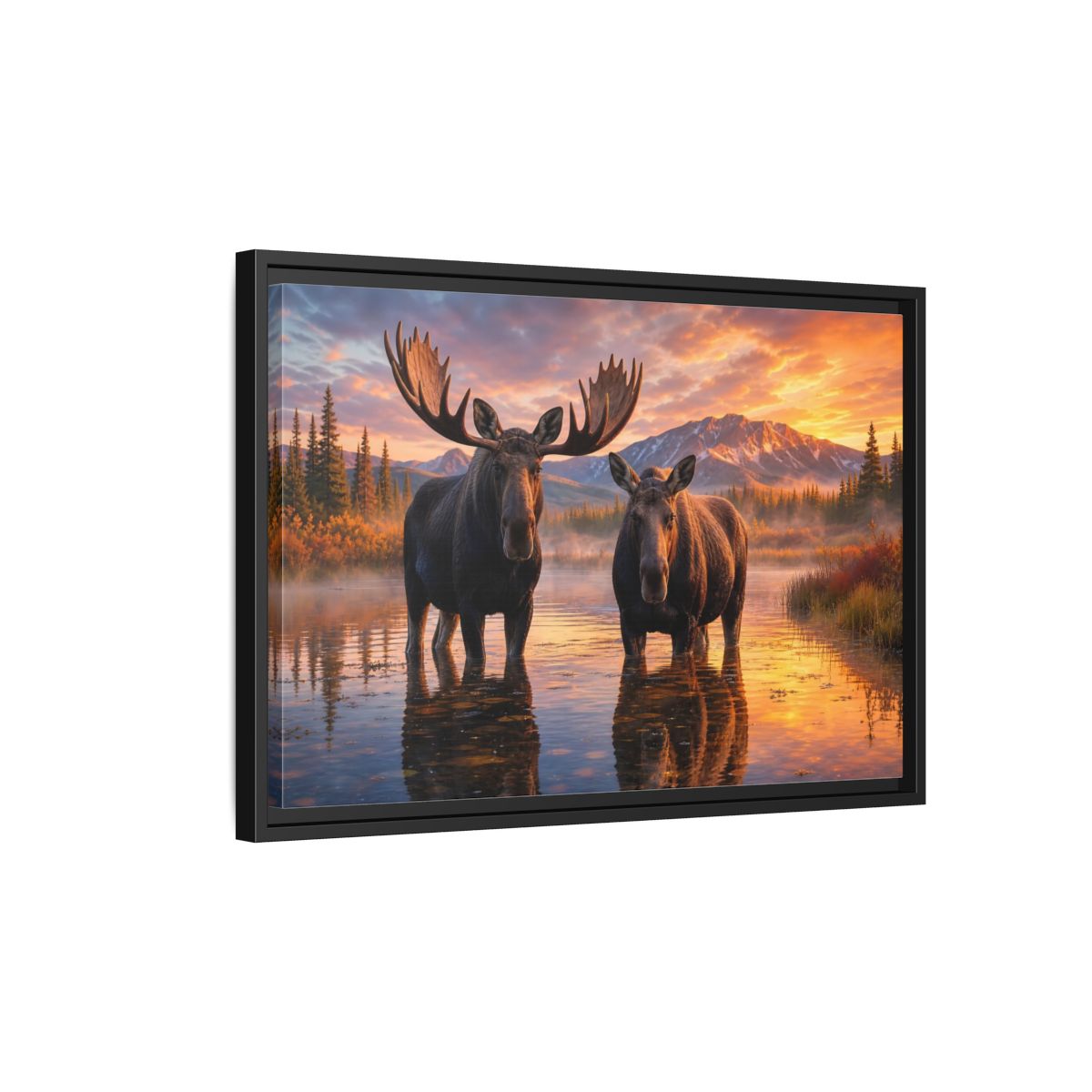Side Mockup 3. Nature Moose Pair Moose Sunset shown as stretched canvas wall art