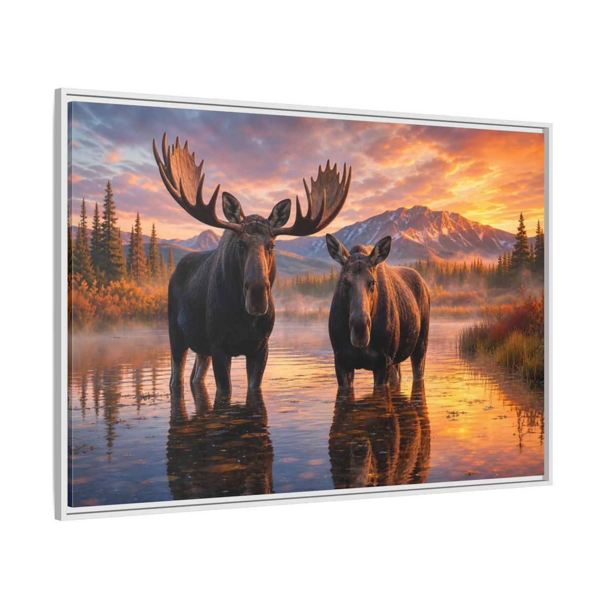 Side Mockup 7. Nature Moose Pair Moose Sunset shown as stretched canvas wall art