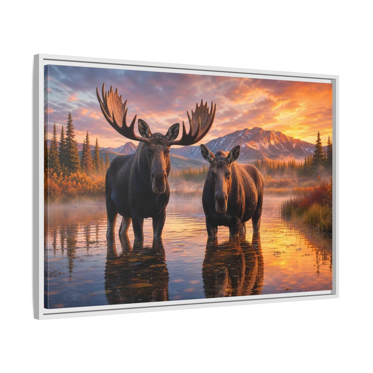 Side Mockup 9. Nature Moose Pair Moose Sunset shown as stretched canvas wall art