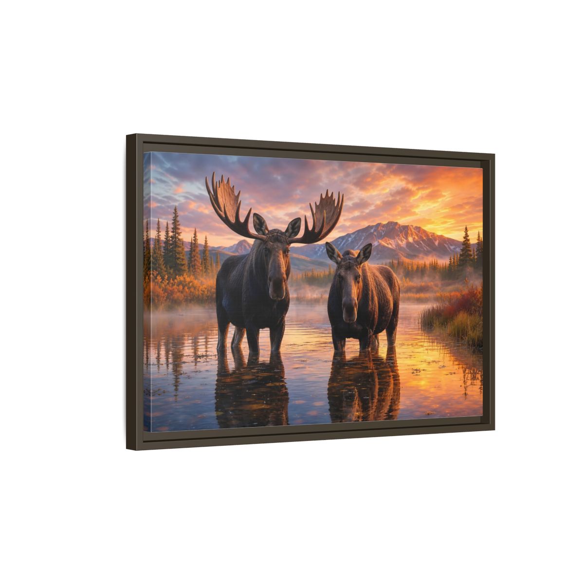 Side Mockup 2. Nature Moose Pair Moose Sunset shown as stretched canvas wall art