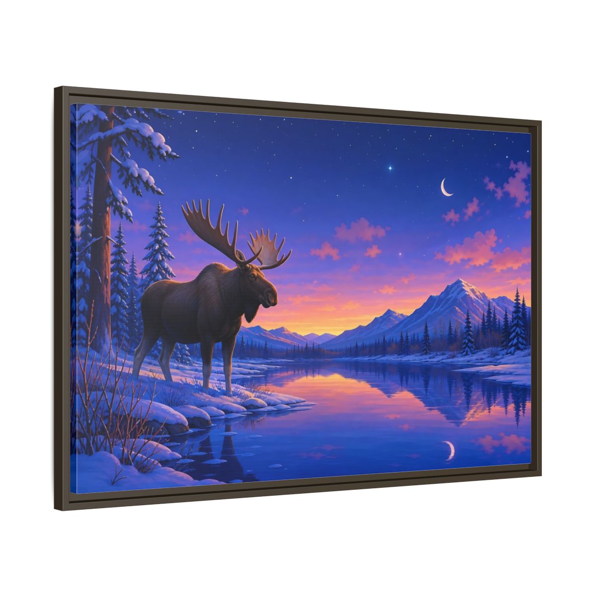 Main Mockup. Nature Moose Purple Winter Landscape shown as stretched canvas wall art