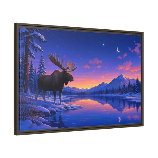 Main Mockup. Nature Moose Purple Winter Landscape shown as stretched canvas wall art
