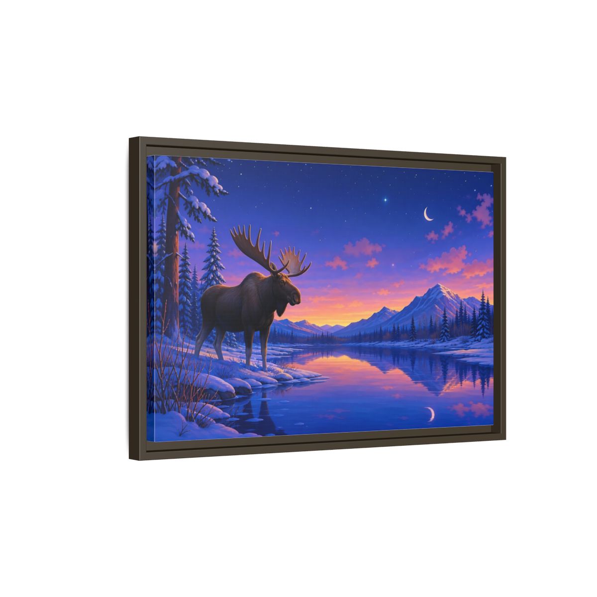 Side Mockup 2. Nature Moose Purple Winter Landscape shown as stretched canvas wall art