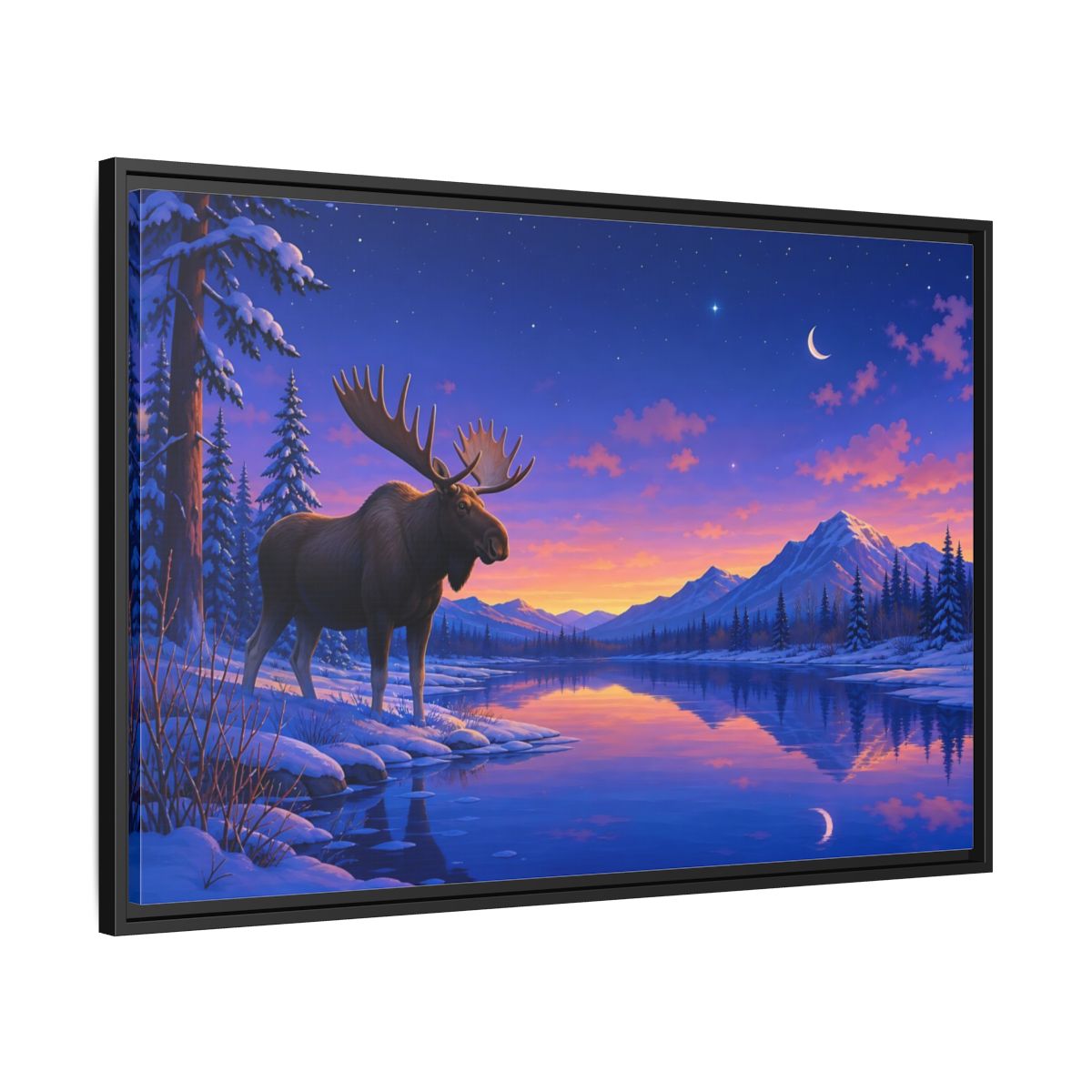 Side Mockup 13. Nature Moose Purple Winter Landscape shown as stretched canvas wall art