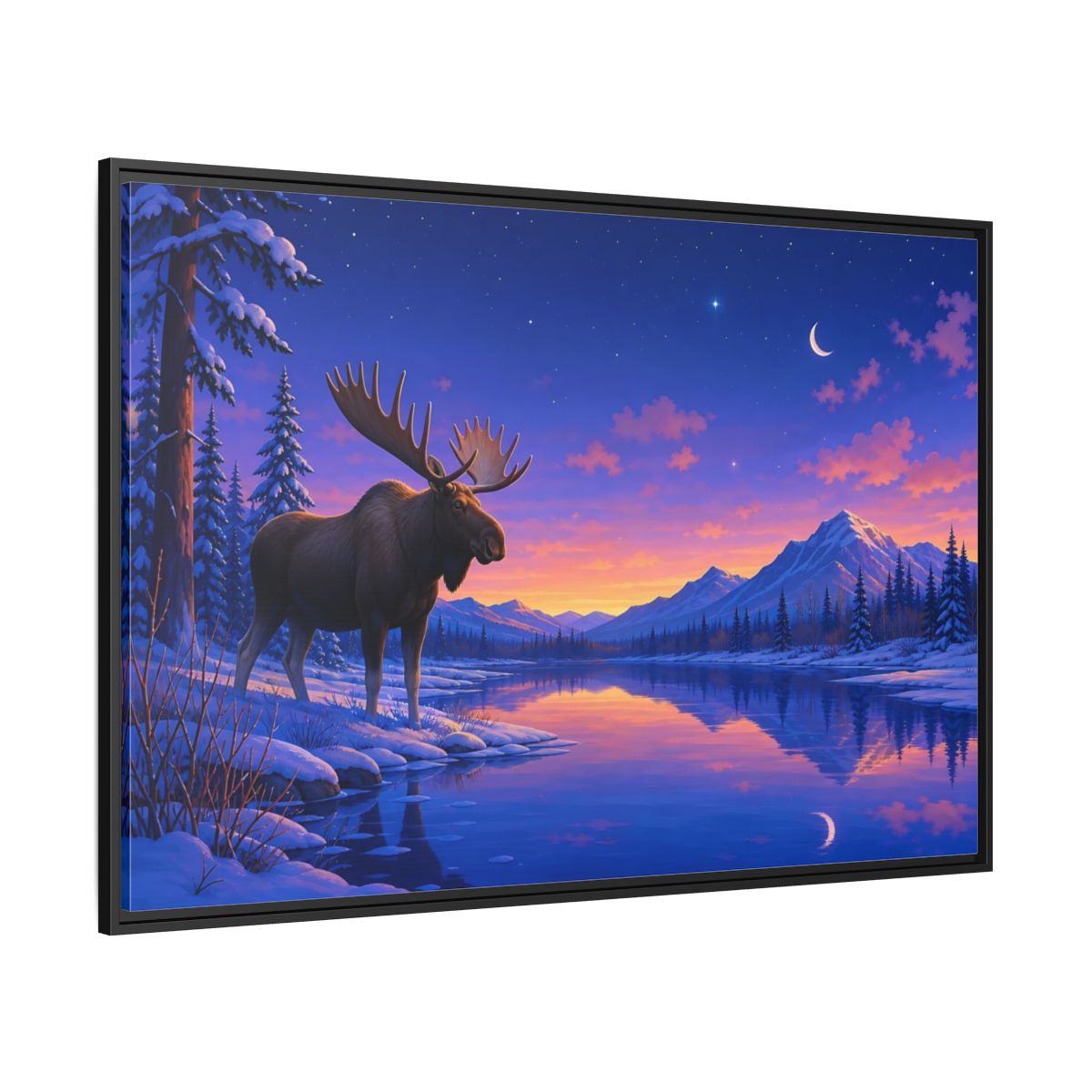 Side Mockup 12. Nature Moose Purple Winter Landscape shown as stretched canvas wall art