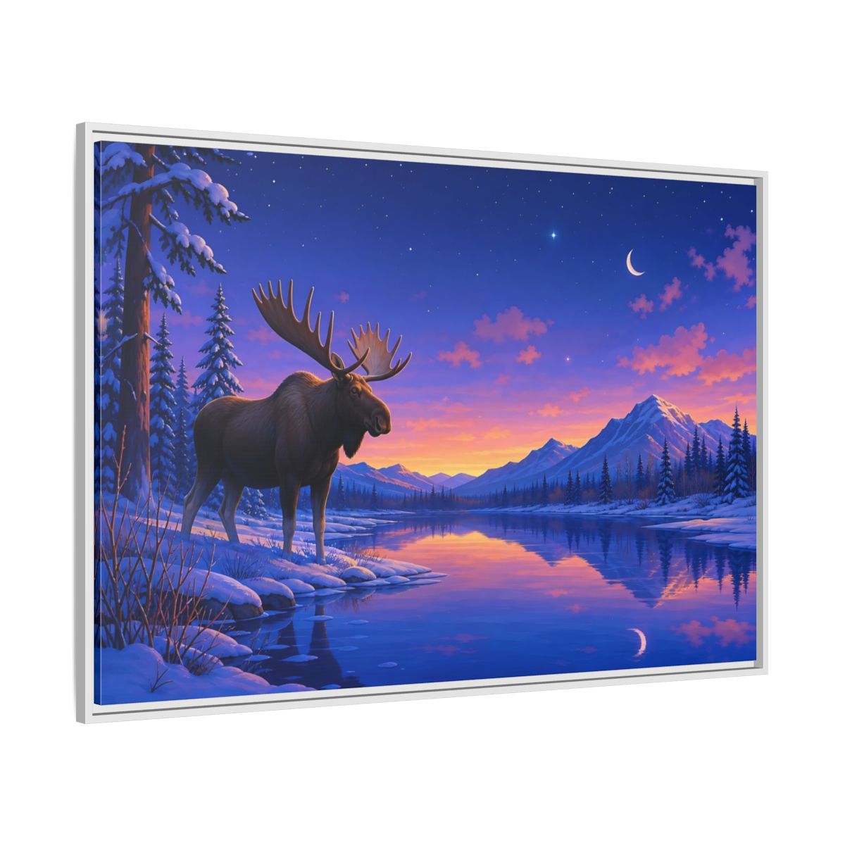 Side Mockup 7. Nature Moose Purple Winter Landscape shown as stretched canvas wall art