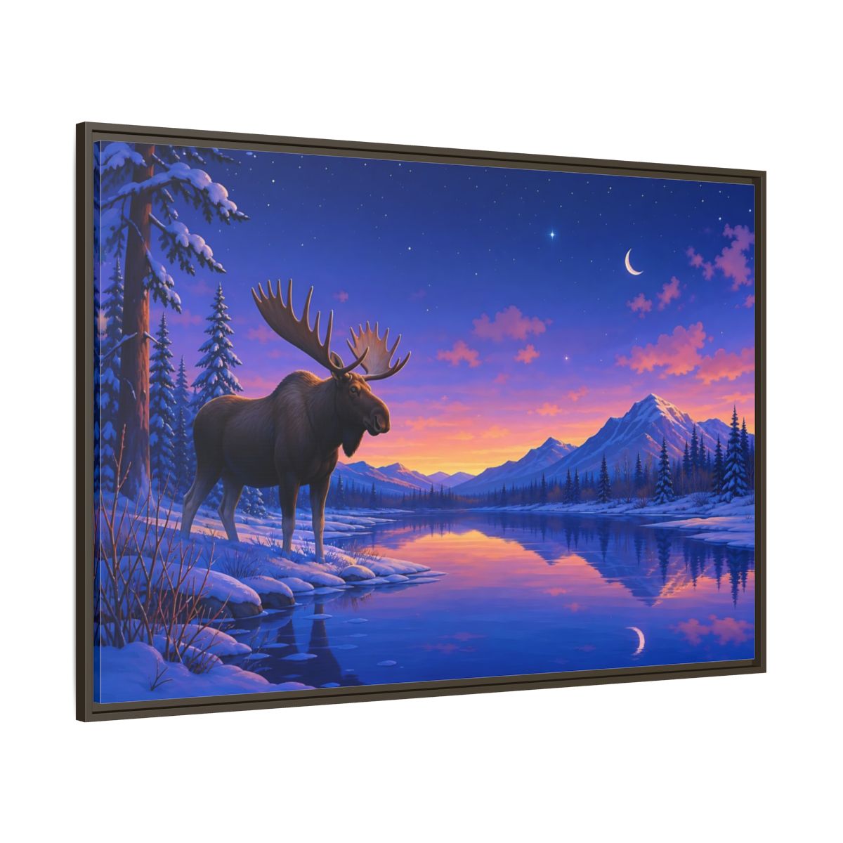 Side Mockup 8. Nature Moose Purple Winter Landscape shown as stretched canvas wall art