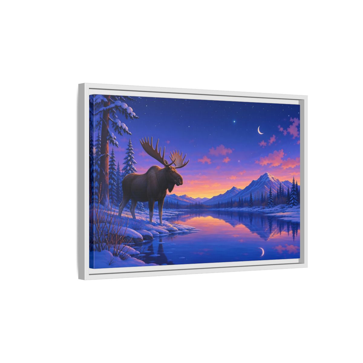 Side Mockup 1. Nature Moose Purple Winter Landscape shown as stretched canvas wall art