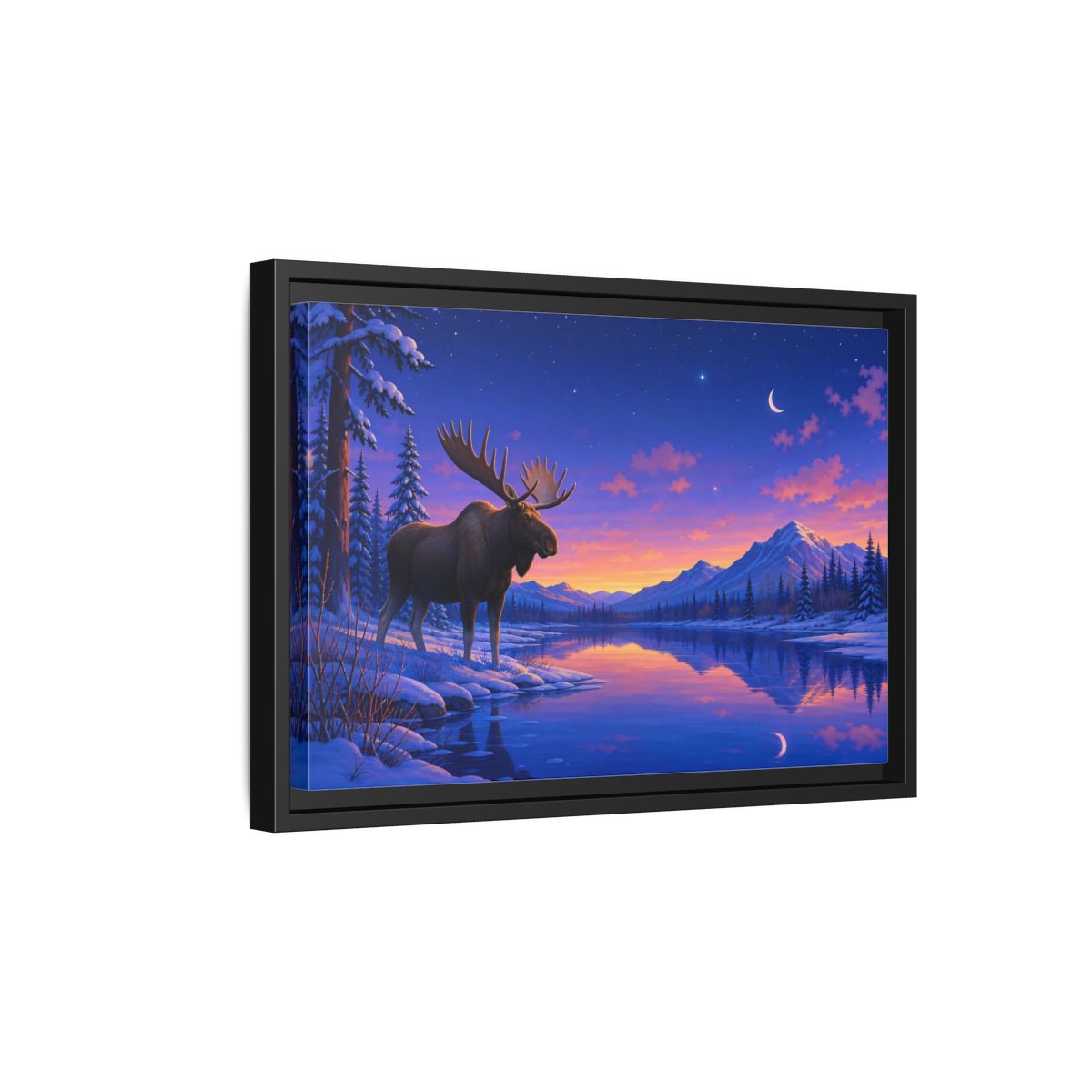 Side Mockup 6. Nature Moose Purple Winter Landscape shown as stretched canvas wall art