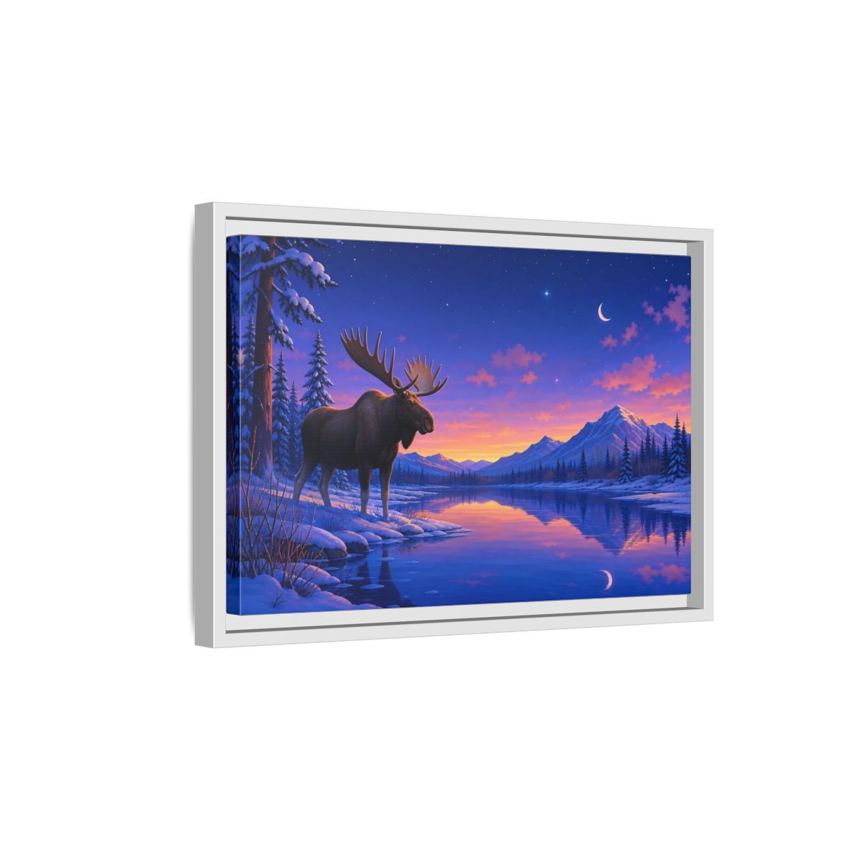 Side Mockup 4. Nature Moose Purple Winter Landscape shown as stretched canvas wall art