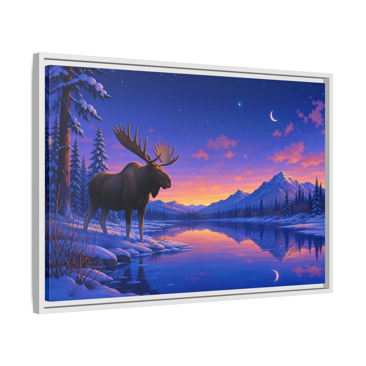 Side Mockup 10. Nature Moose Purple Winter Landscape shown as stretched canvas wall art