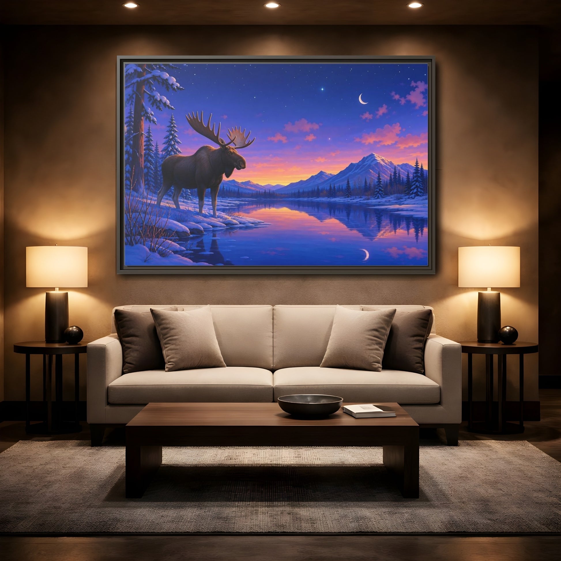 Mockup 2. Nature Moose Purple Winter Landscape shown as stretched canvas wall art