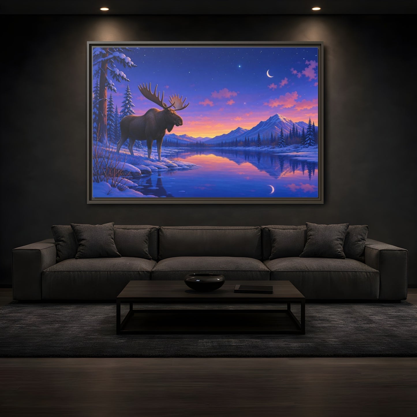 Mockup 3. Nature Moose Purple Winter Landscape shown as stretched canvas wall art