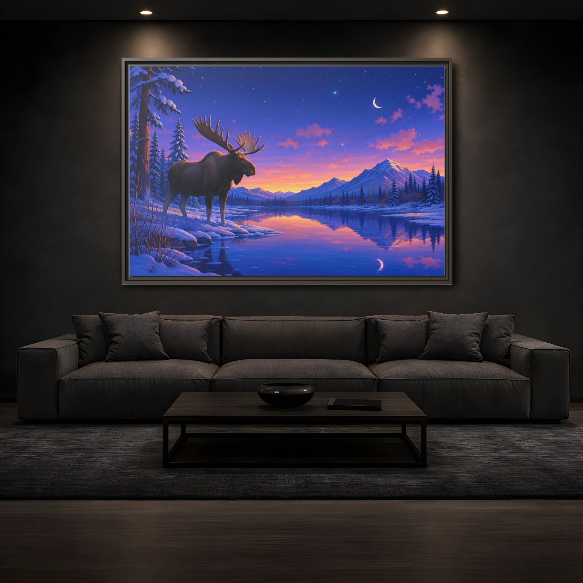 Mockup 3. Nature Moose Purple Winter Landscape shown as stretched canvas wall art