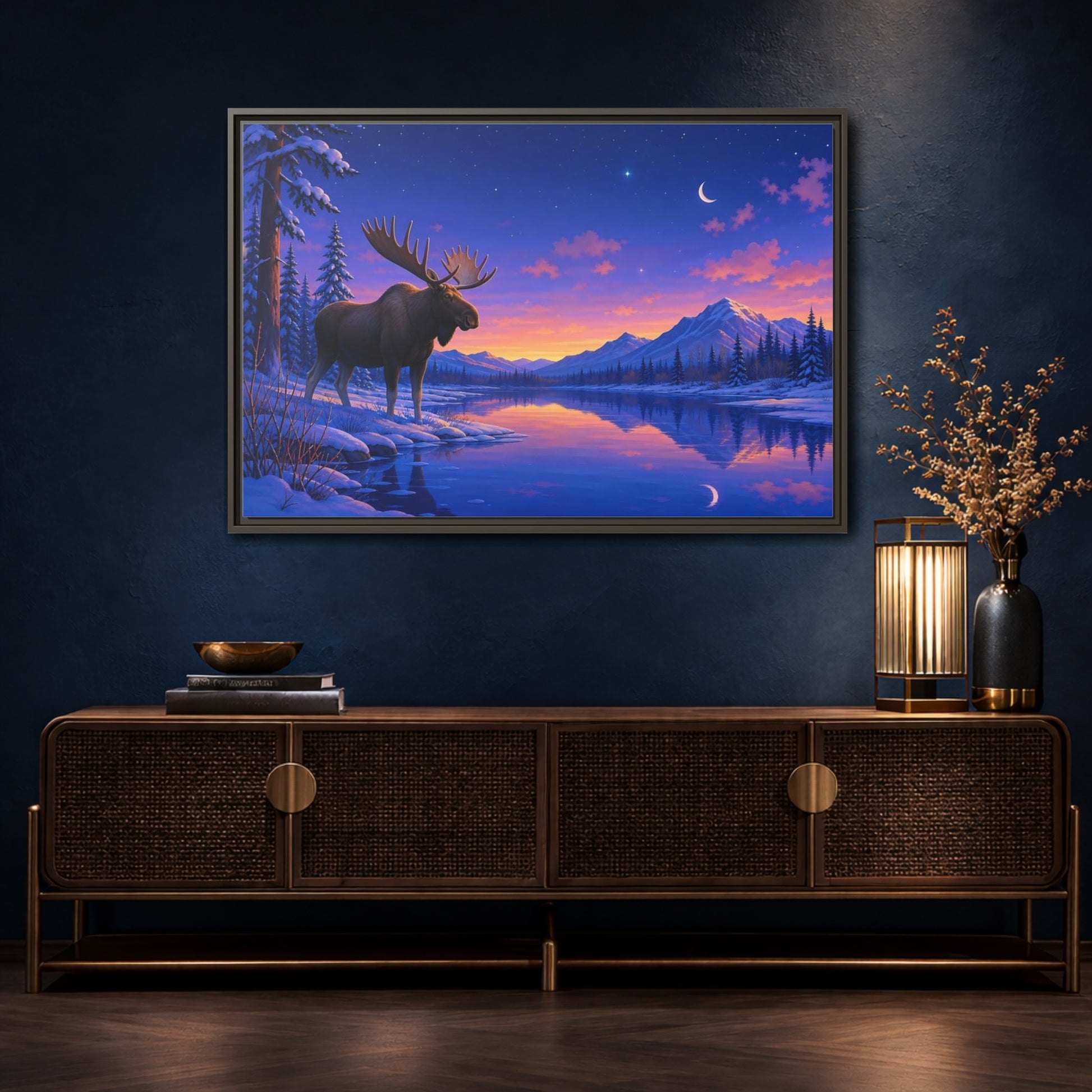 Mockup 4. Nature Moose Purple Winter Landscape shown as stretched canvas wall art