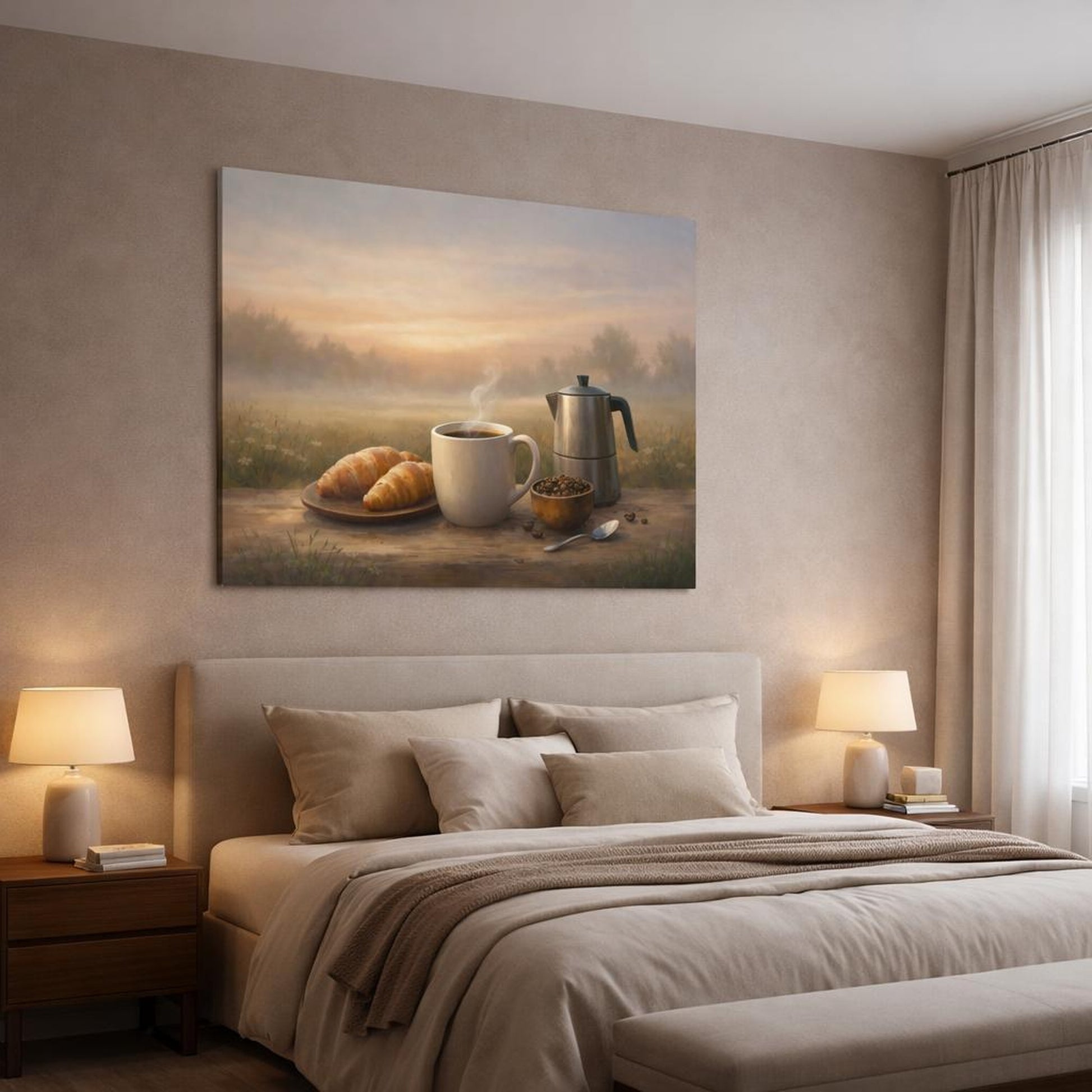 Nature Morning Coffee shown as canvas wall art in a luxury bedroom