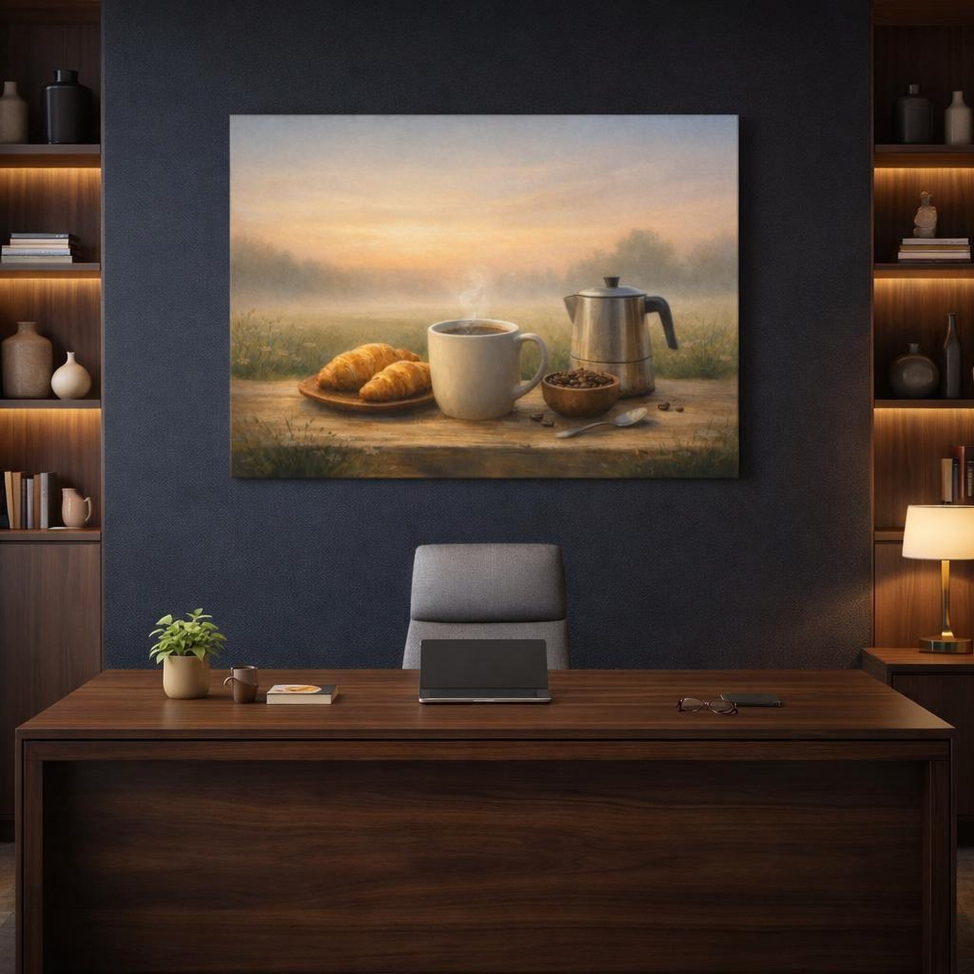 Nature Morning Coffee shown as canvas wall art in an elegant contemporary kitchen