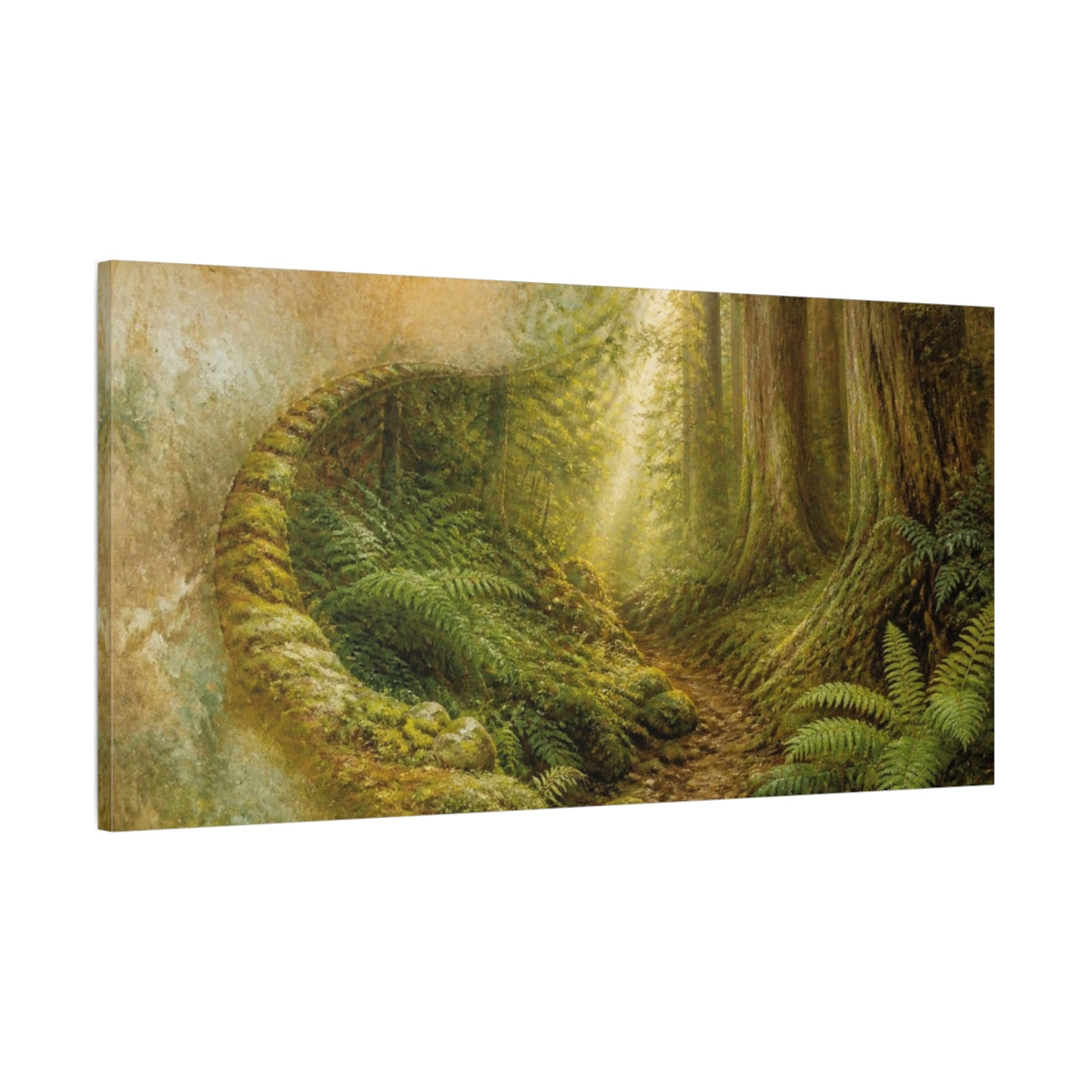 Main Mockup. Nature Mossy Forest Path shown as canvas print