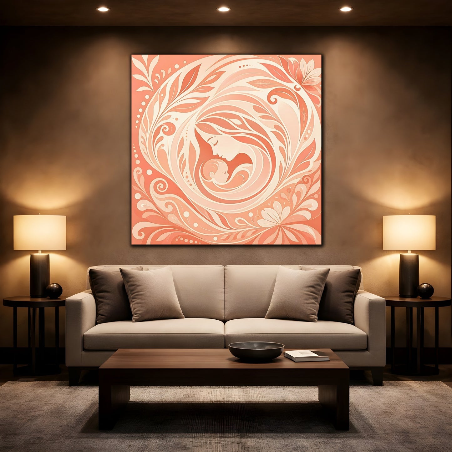 Mockup 2. Nature Mother And Child Peach And Cream shown as canvas print