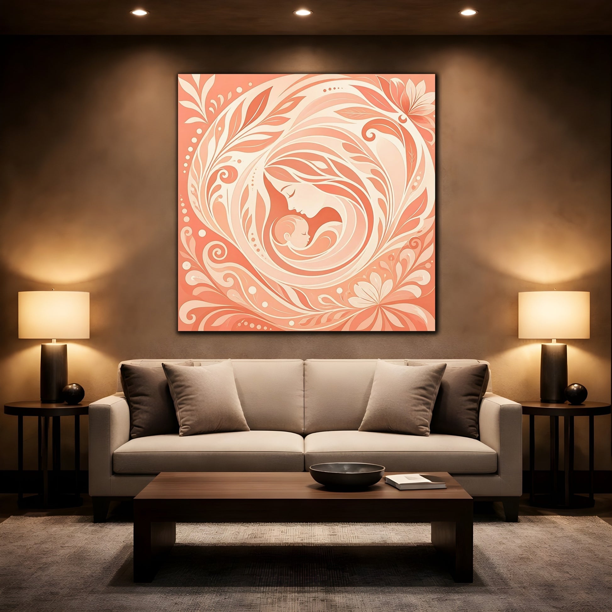 Mockup 2. Nature Mother And Child Peach And Cream shown as canvas print