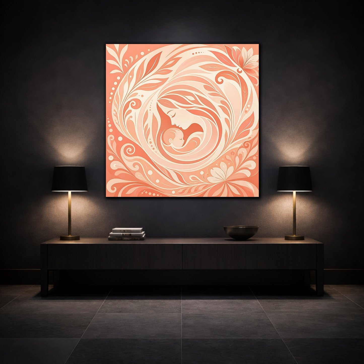 Mockup 3. Nature Mother And Child Peach And Cream shown as canvas print