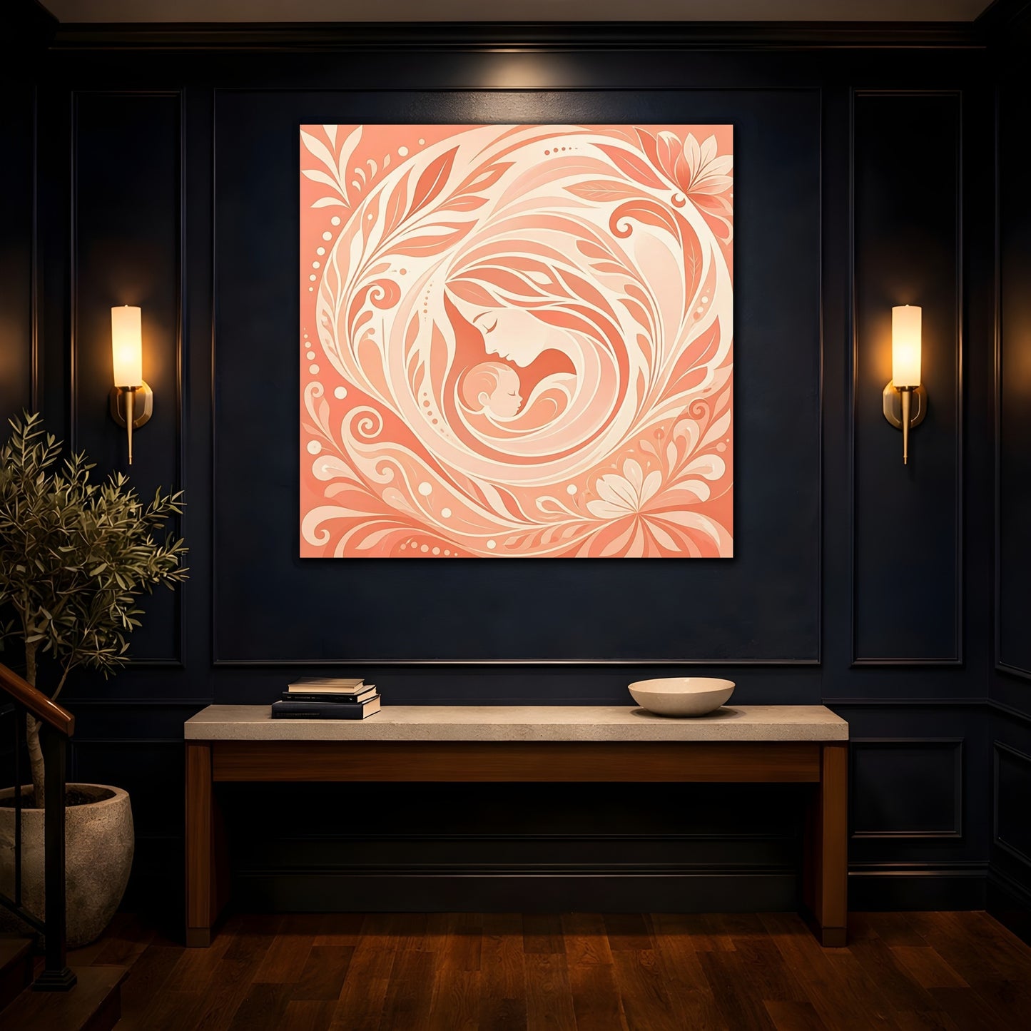 Mockup 4. Nature Mother And Child Peach And Cream shown as canvas print