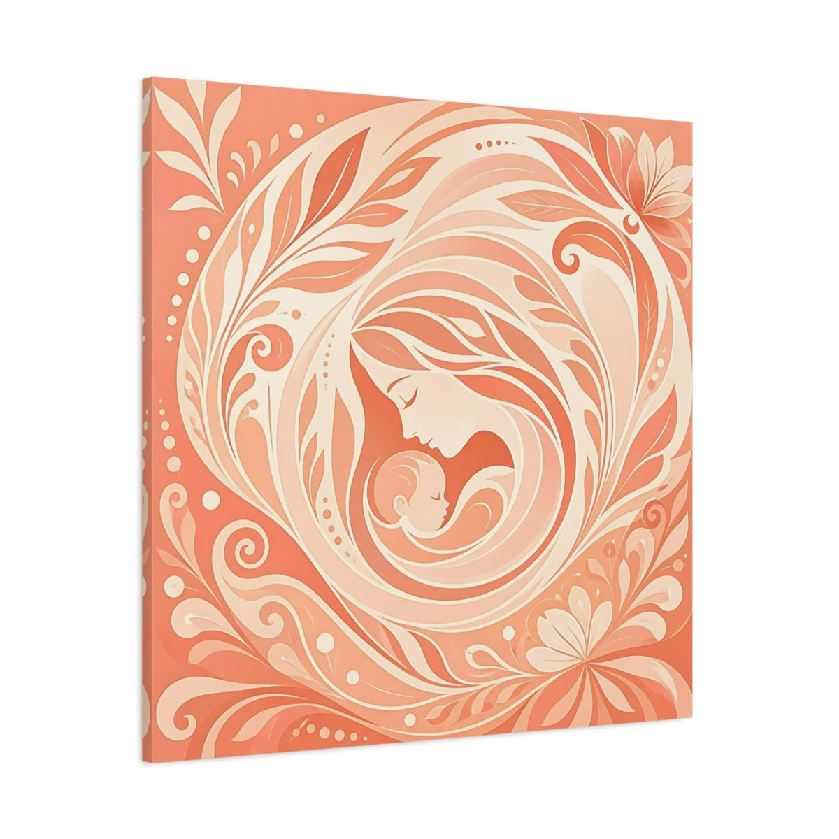 Side Mockup 1. Nature Mother And Child Peach And Cream shown as canvas print