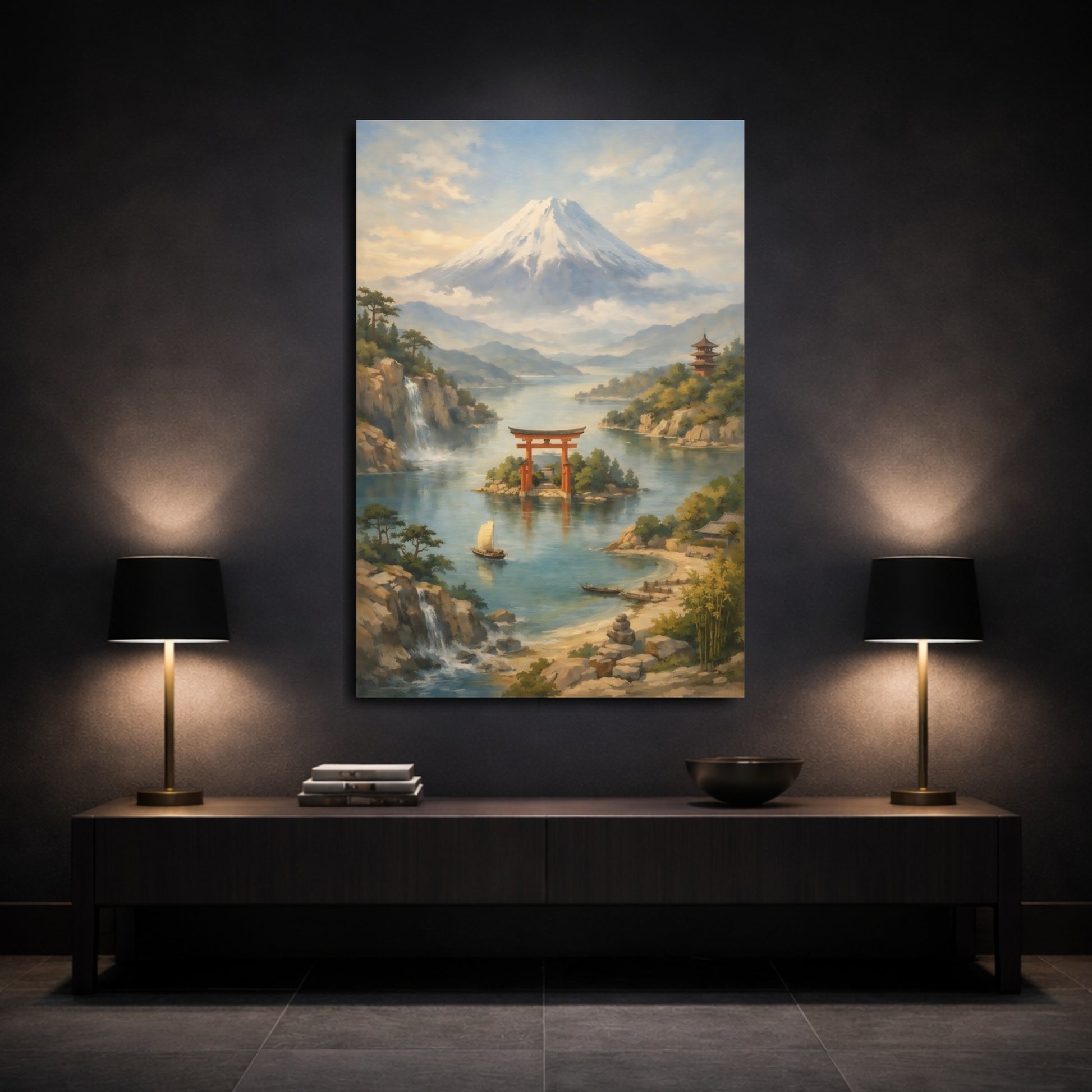 Mockup 2. Nature Mount Fuji Japanese Landscape shown as stretched canvas wall art