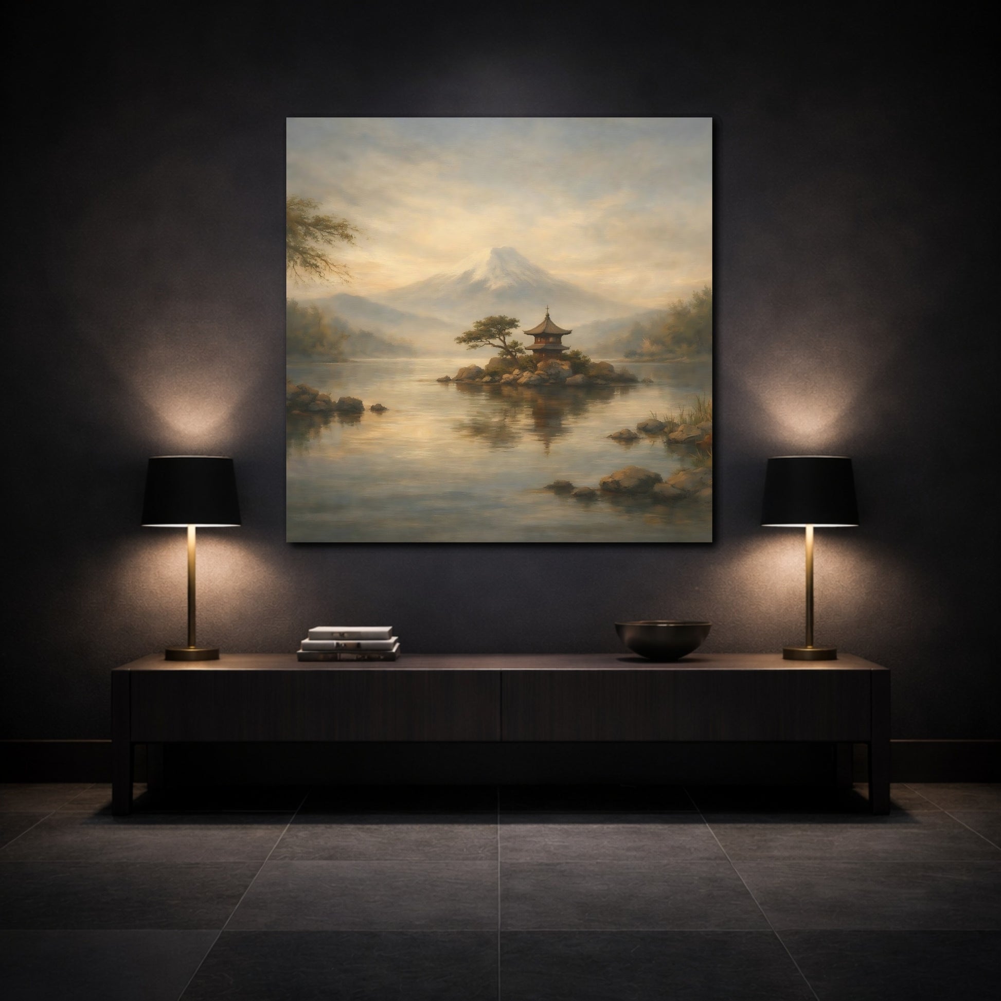 Mockup 3. Nature Mount Fuji Misty Mount Fuji shown as stretched canvas wall art
