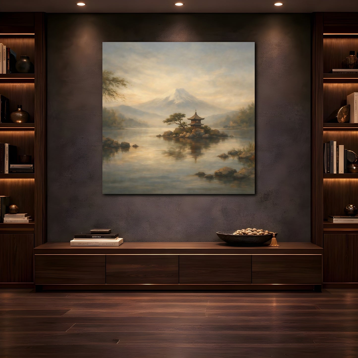 Mockup 4. Nature Mount Fuji Misty Mount Fuji shown as stretched canvas wall art