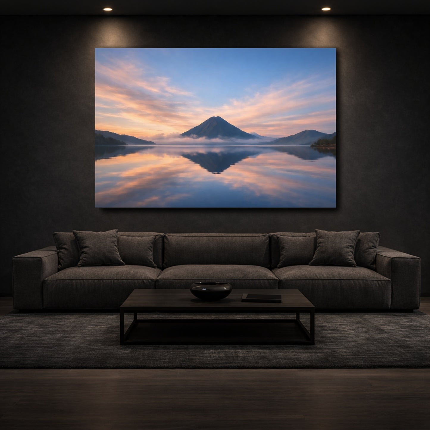 Mockup 2. Nature Mountain Blue And Orange shown as stretched canvas wall art