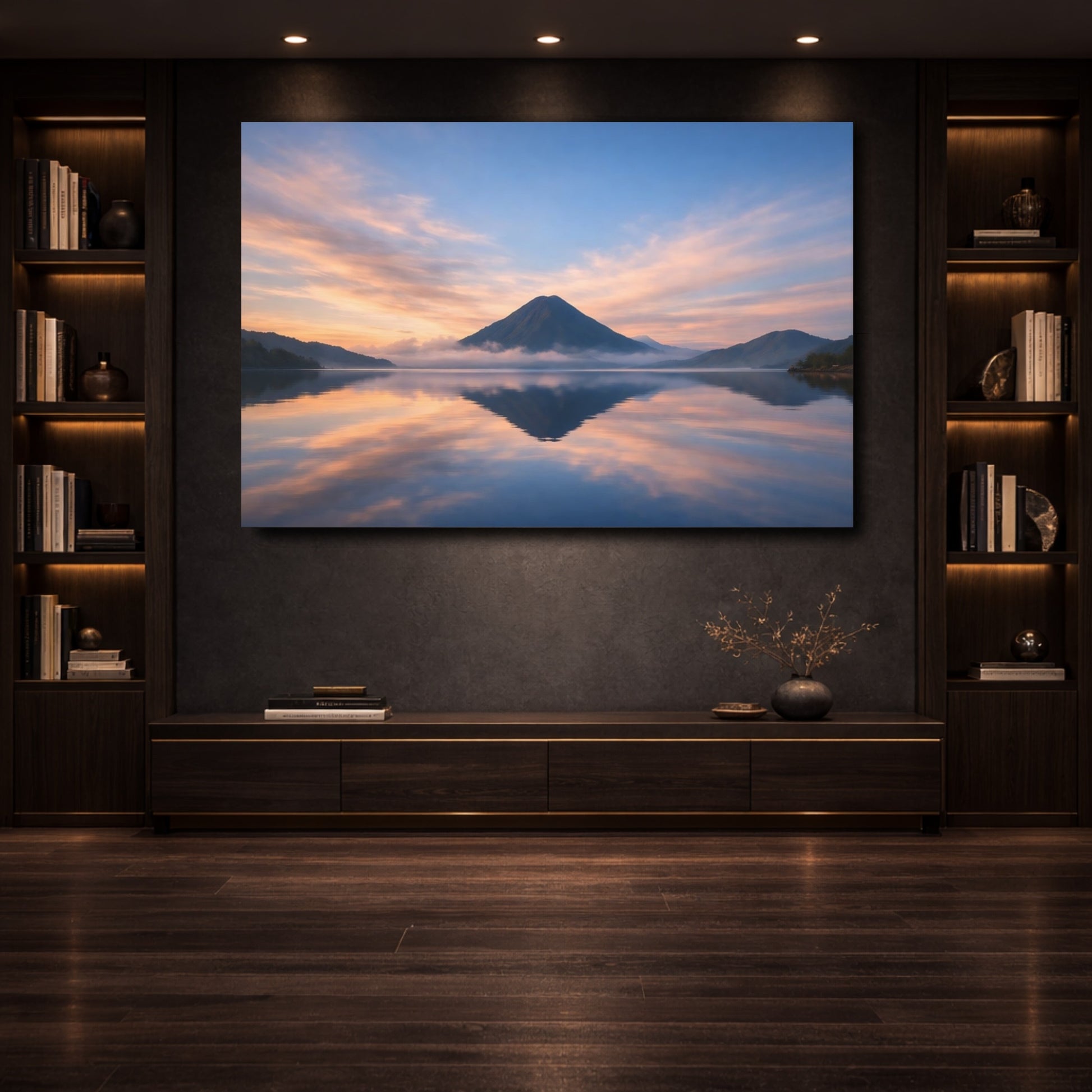 Mockup 3. Nature Mountain Blue And Orange shown as stretched canvas wall art
