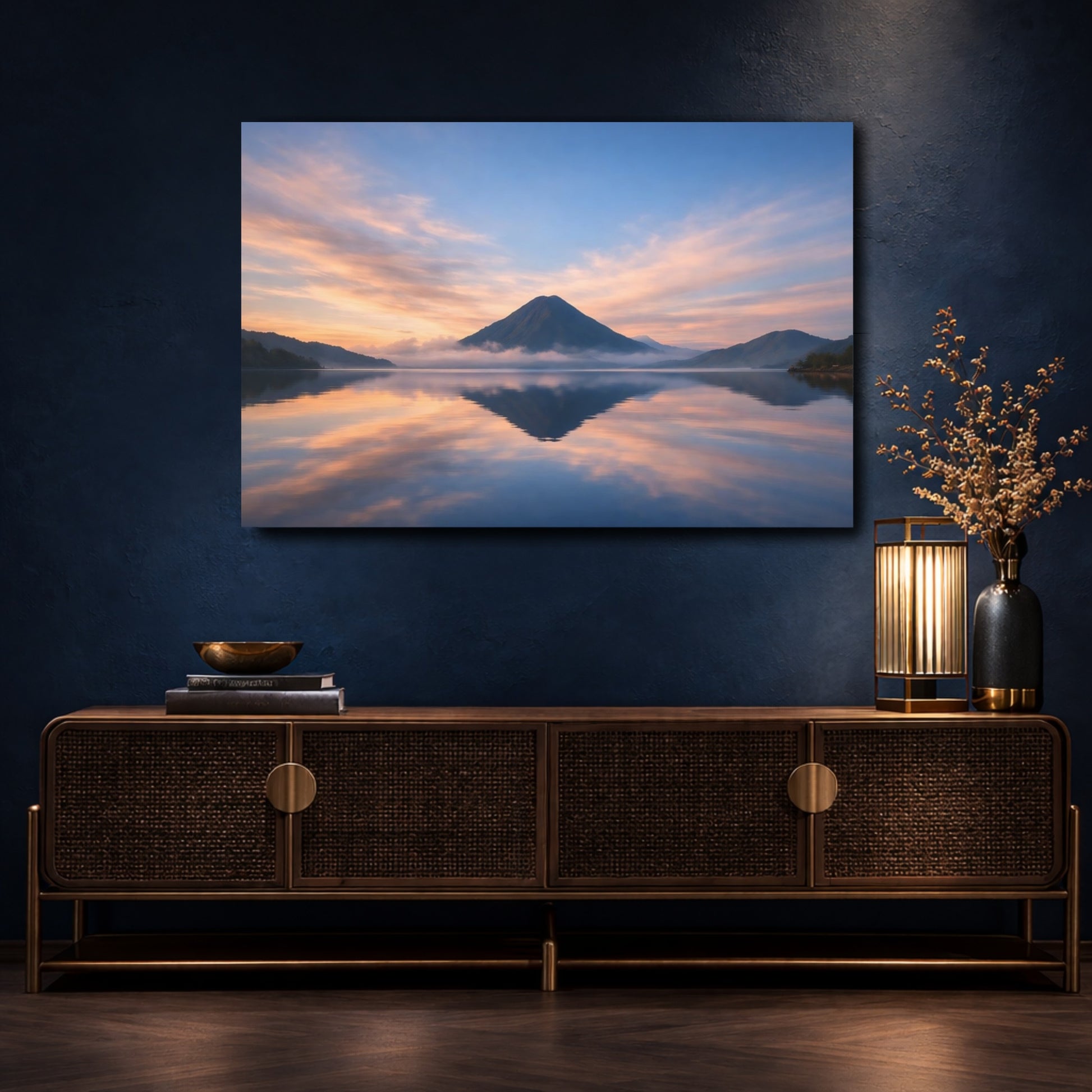 Mockup 4. Nature Mountain Blue And Orange shown as stretched canvas wall art